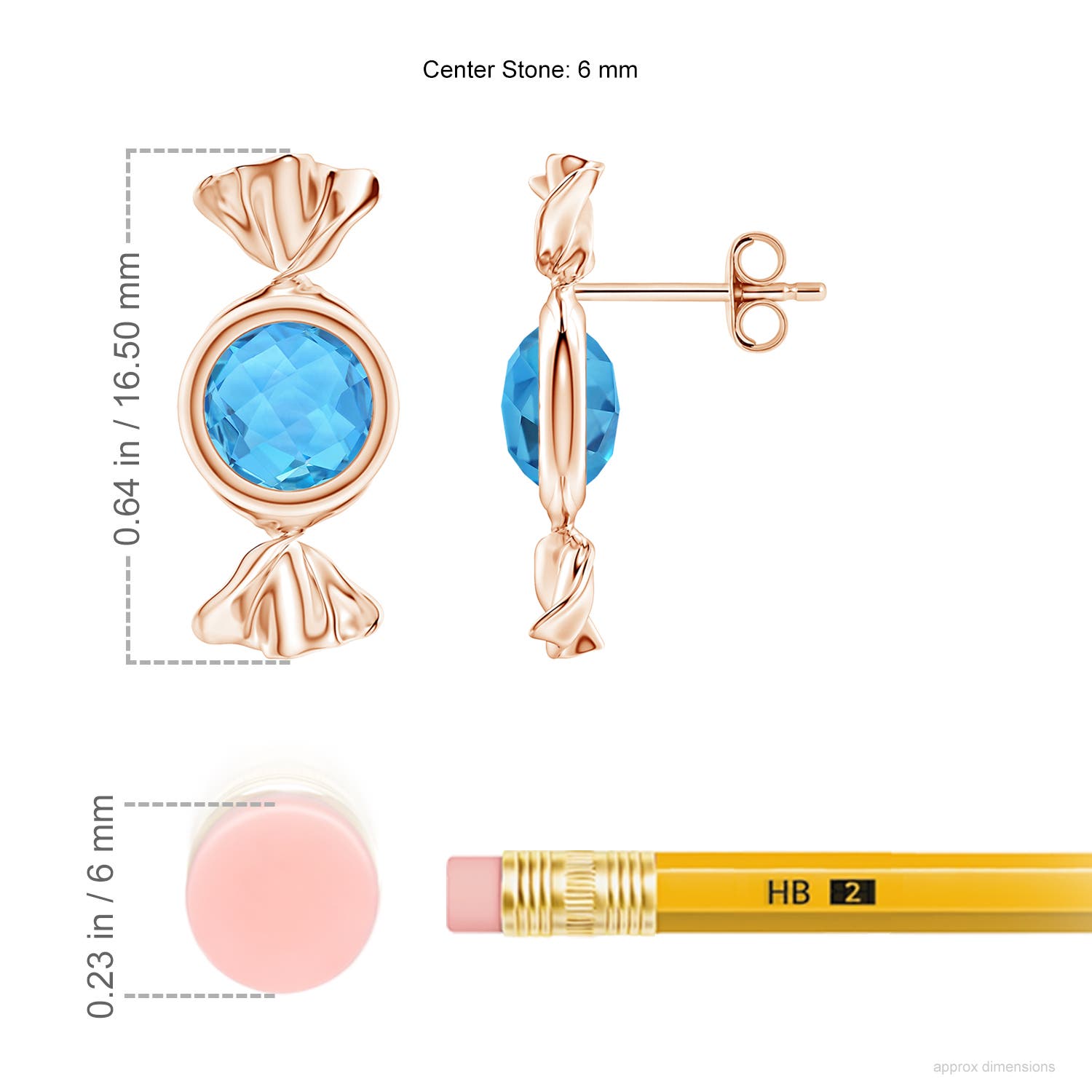 6mm AAA Sweet Treats Round Swiss Blue Topaz Candy Stud Earrings in Rose Gold - ruler