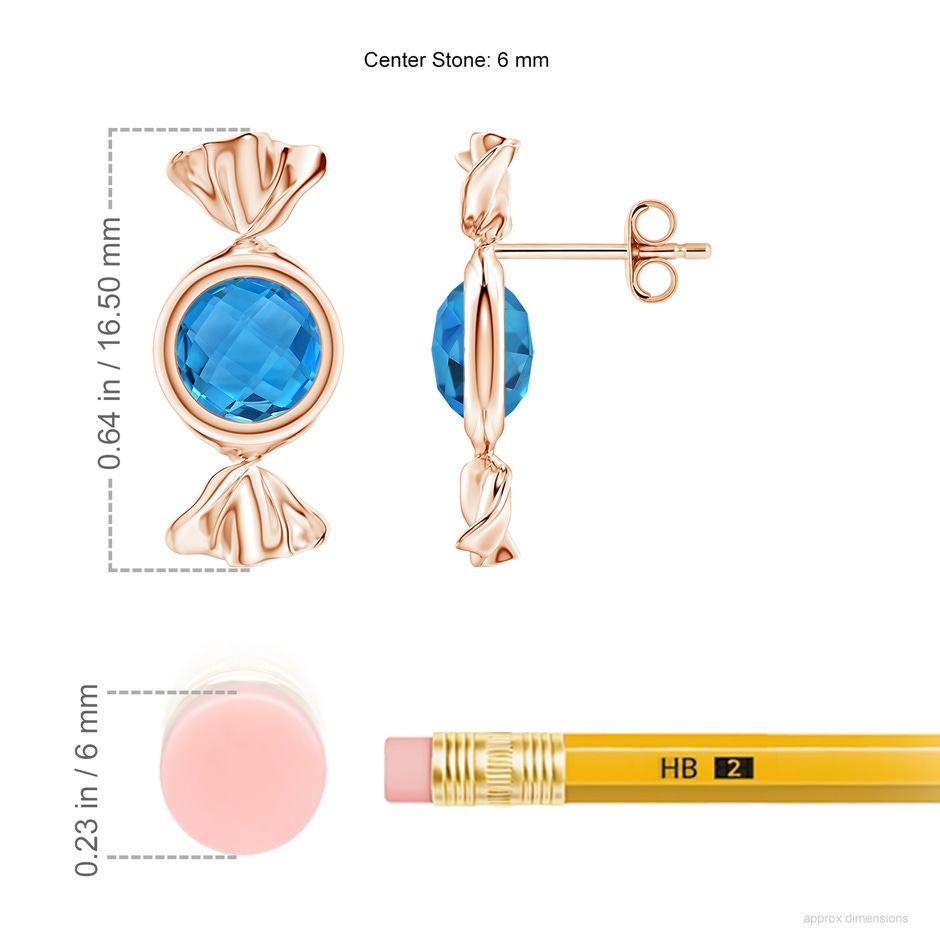 6mm AAAA Sweet Treats Round Swiss Blue Topaz Candy Stud Earrings in Rose Gold ruler