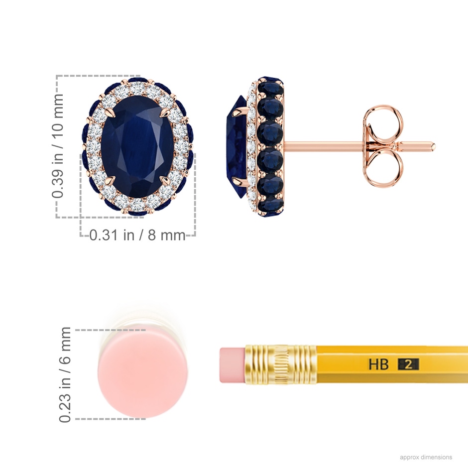 7x5mm A Vintage-Inspired Oval Blue Sapphire Halo Stud Earrings in 9K Rose Gold ruler