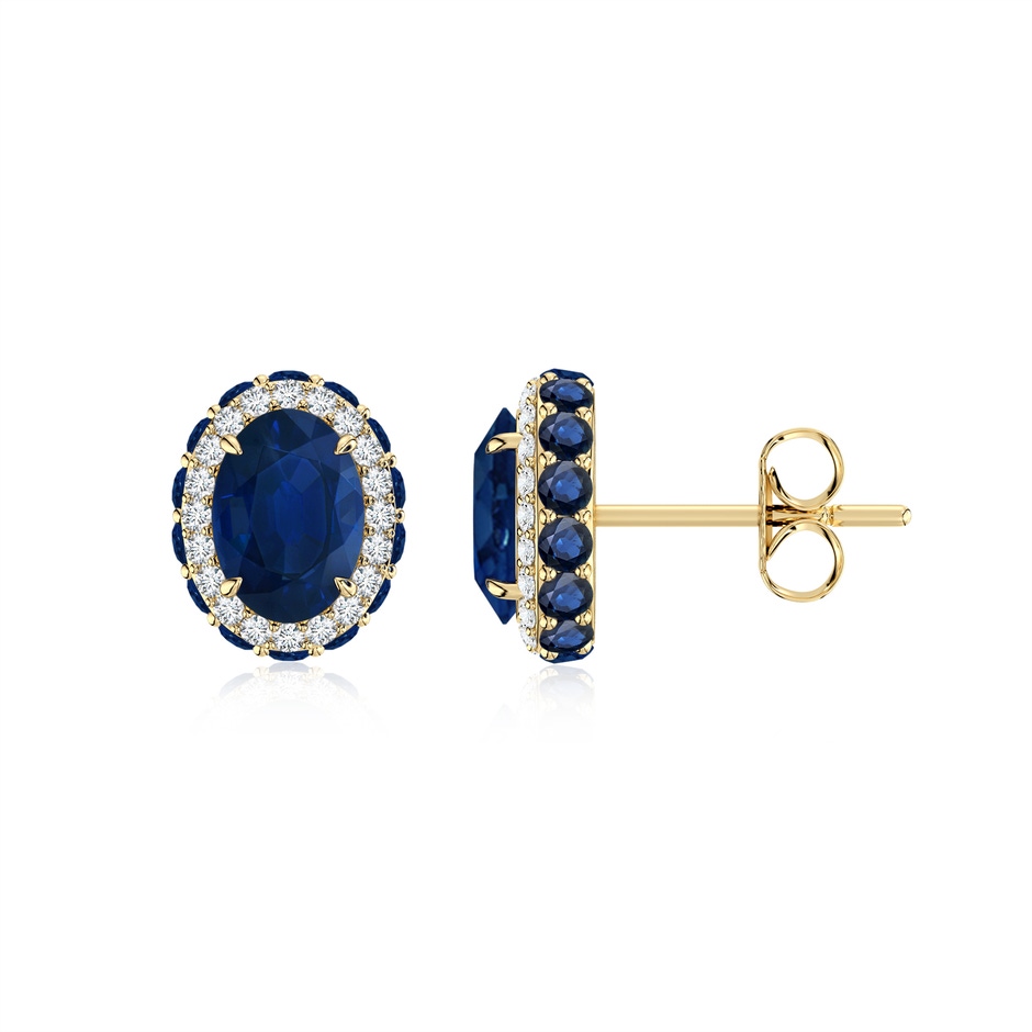 7x5mm AA Vintage-Inspired Oval Blue Sapphire Halo Stud Earrings in Yellow Gold 