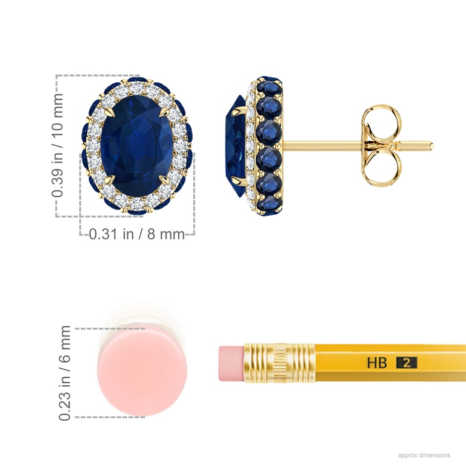 7x5mm AA Vintage-Inspired Oval Blue Sapphire Halo Stud Earrings in Yellow Gold ruler