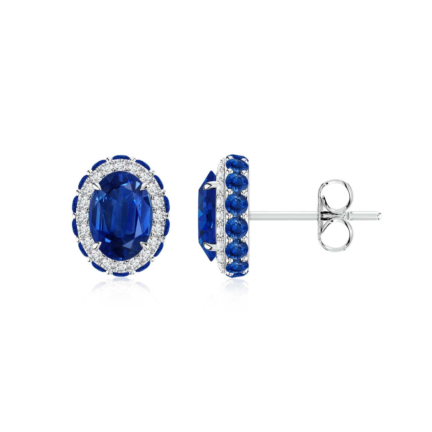 7x5mm AAA Vintage-Inspired Oval Blue Sapphire Halo Stud Earrings in 18CT White Gold