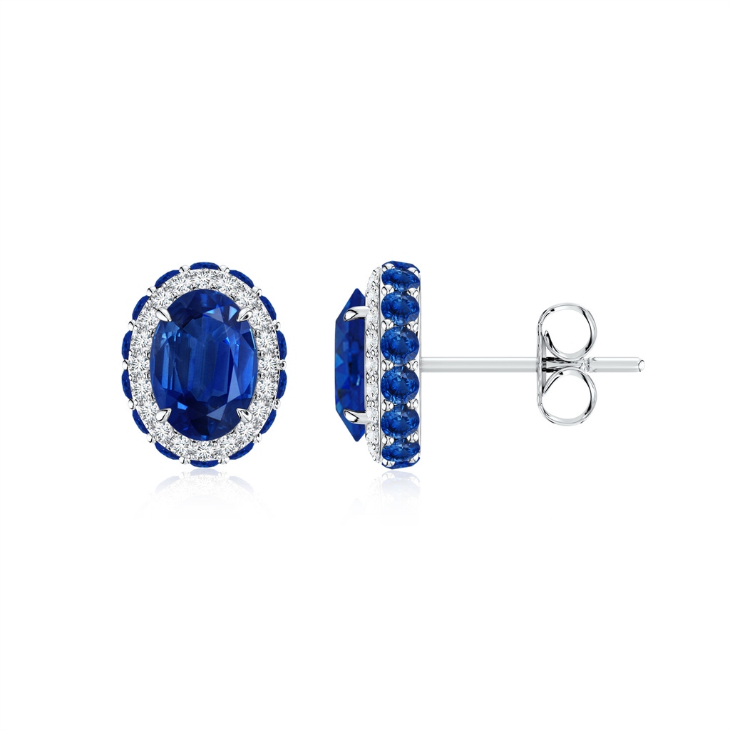 7x5mm AAA Vintage-Inspired Oval Blue Sapphire Halo Stud Earrings in White Gold