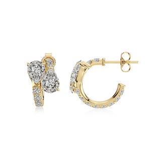 7x5mm KI3 Two-Stone Pear Diamond Bypass Hoop Earrings in Yellow Gold