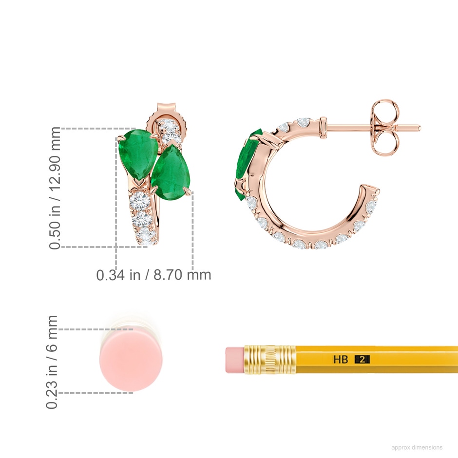6x4mm AA Two-Stone Pear Emerald Bypass Hoop Earrings in Rose Gold ruler