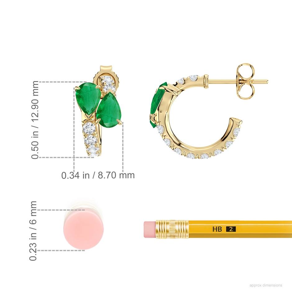 6x4mm AA Two-Stone Pear Emerald Bypass Hoop Earrings in Yellow Gold ruler