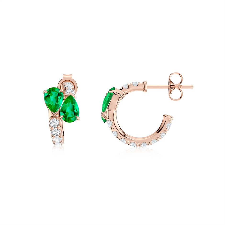 6x4mm AAA Two-Stone Pear Emerald Bypass Hoop Earrings in Rose Gold 