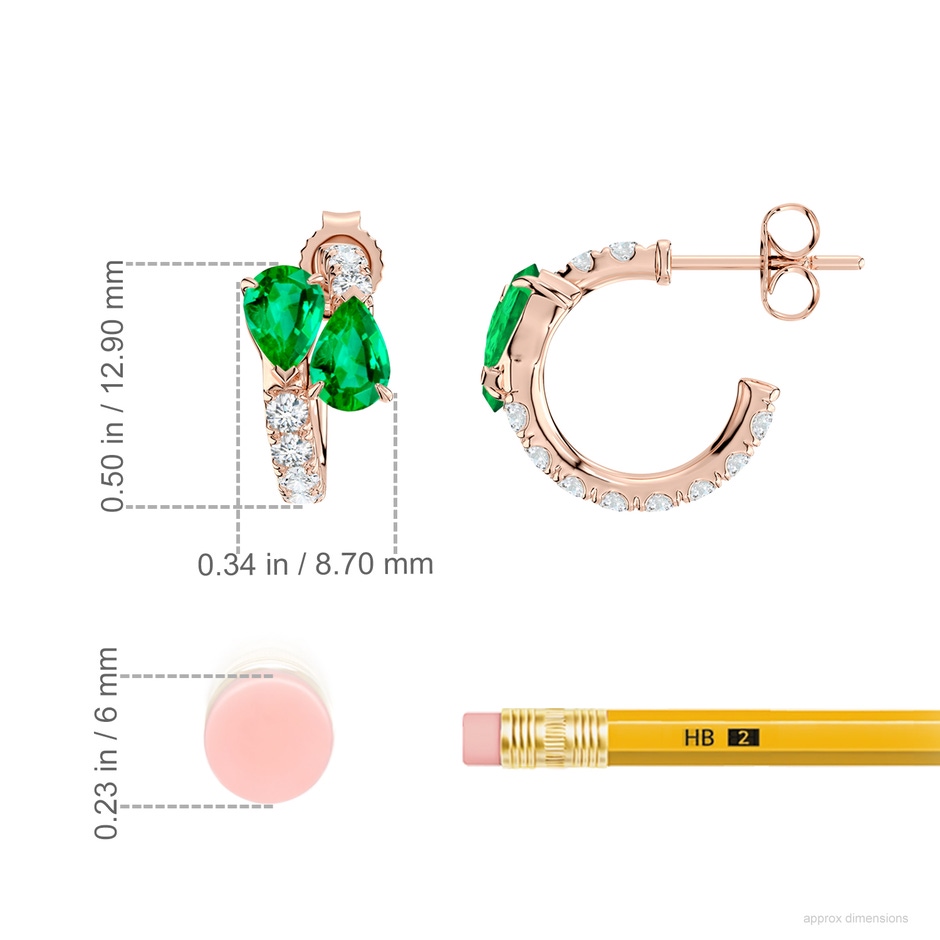 6x4mm AAA Two-Stone Pear Emerald Bypass Hoop Earrings in Rose Gold ruler