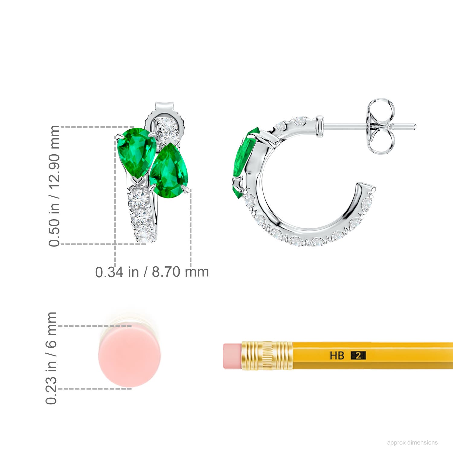 6x4mm AAA Two-Stone Pear Emerald Bypass Hoop Earrings in White Gold - ruler
