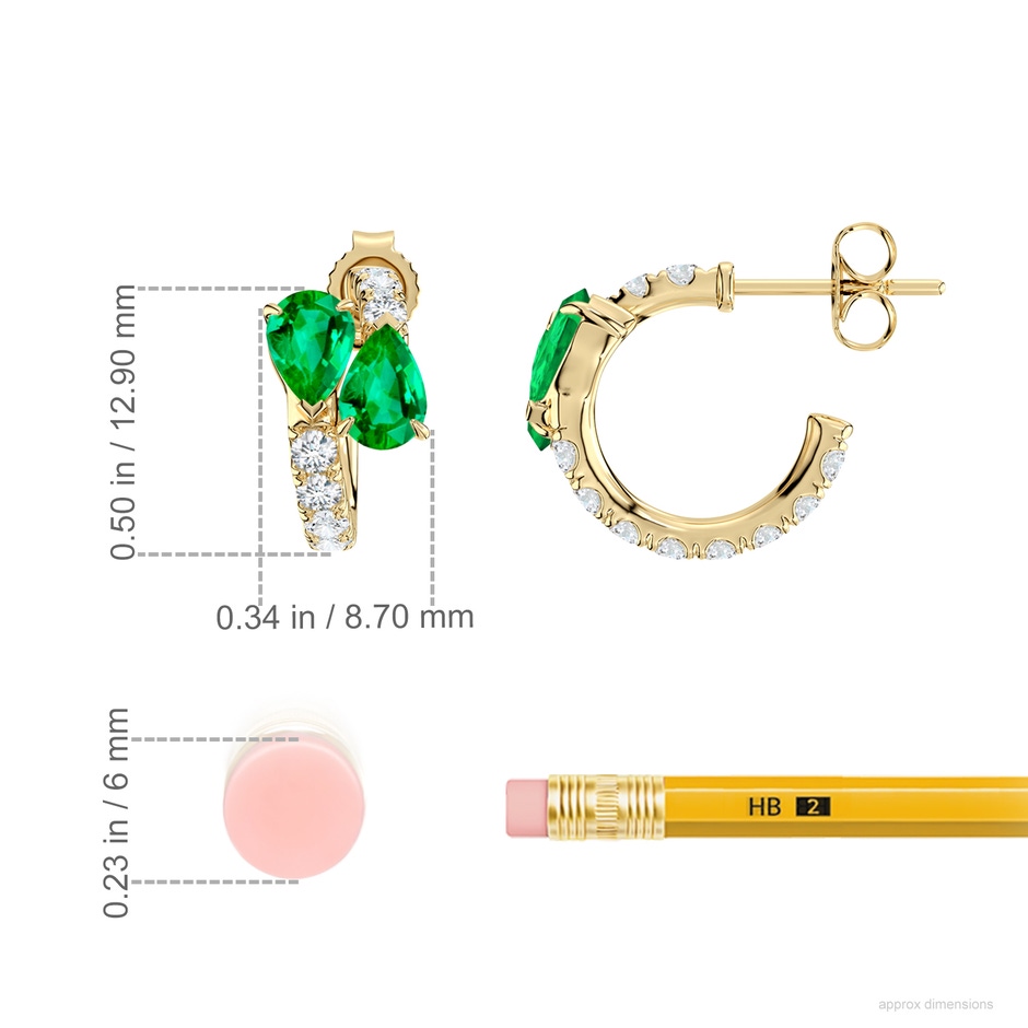 6x4mm AAA Two-Stone Pear Emerald Bypass Hoop Earrings in Yellow Gold ruler