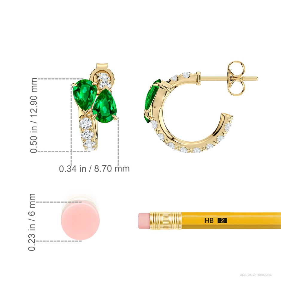 6x4mm AAAA Two-Stone Pear Emerald Bypass Hoop Earrings in Yellow Gold ruler