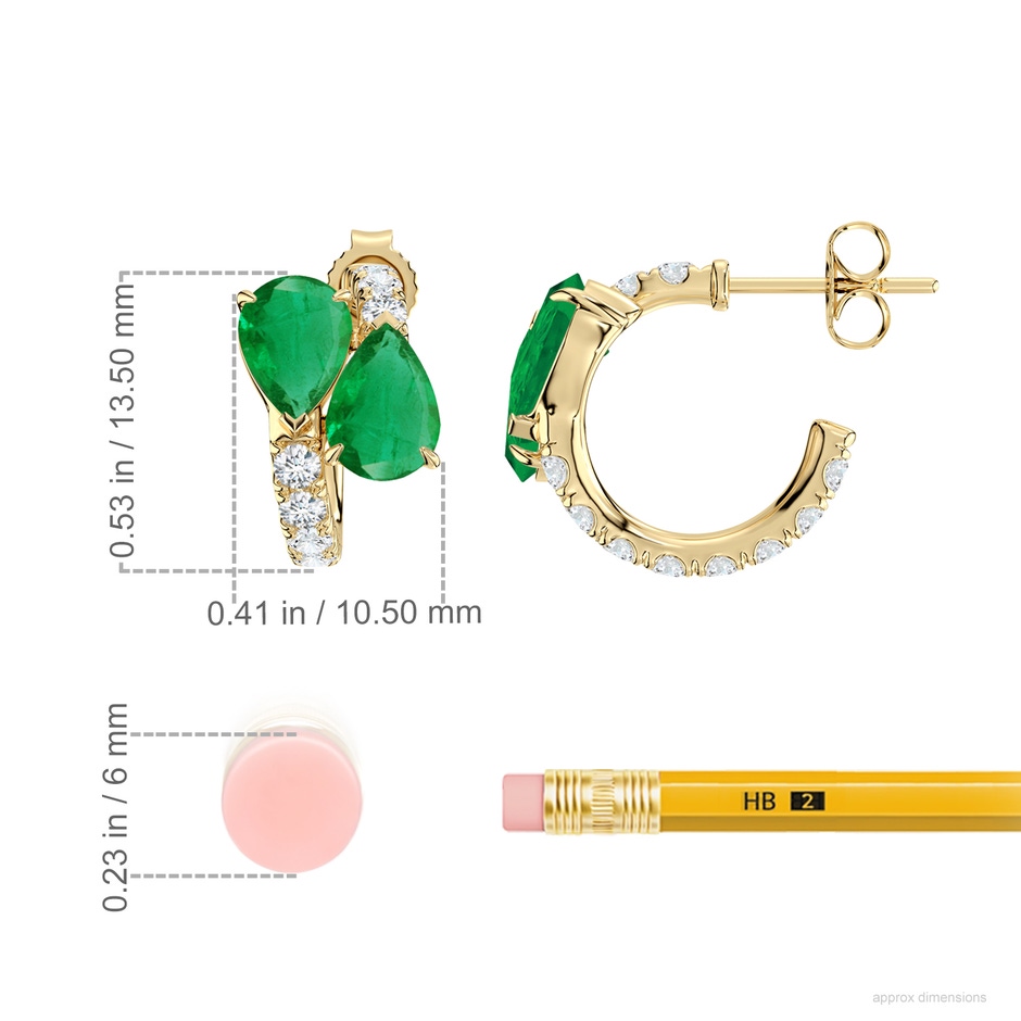 7x5mm AA Two-Stone Pear Emerald Bypass Hoop Earrings in Yellow Gold ruler
