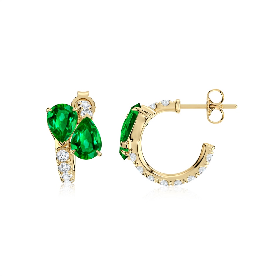 7x5mm AAAA Two-Stone Pear Emerald Bypass Hoop Earrings in 18K Yellow Gold 
