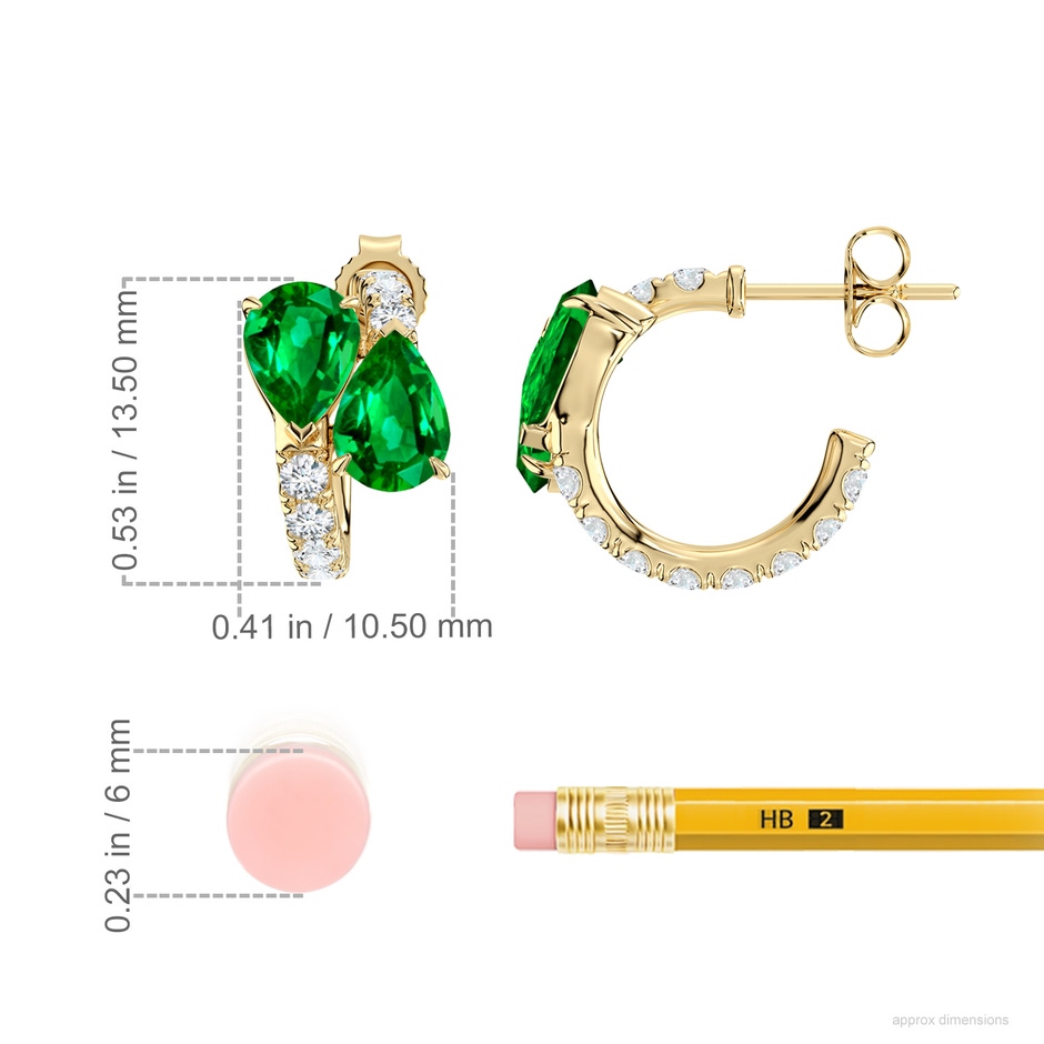 7x5mm AAAA Two-Stone Pear Emerald Bypass Hoop Earrings in 18K Yellow Gold ruler