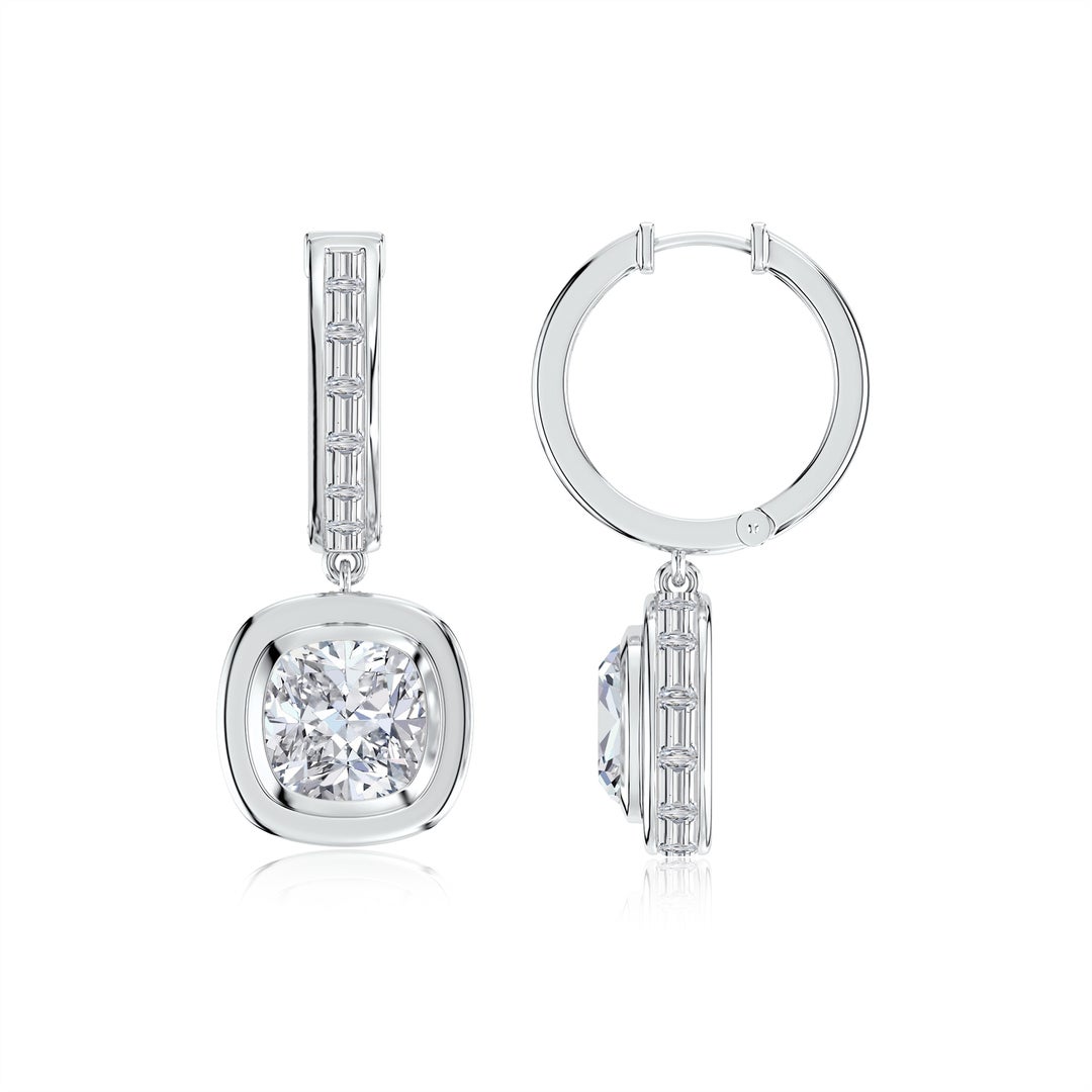 6mm HSI2 Bezel-Set Cushion Diamond Hoop Drop Earrings with Hidden Halo in White Gold