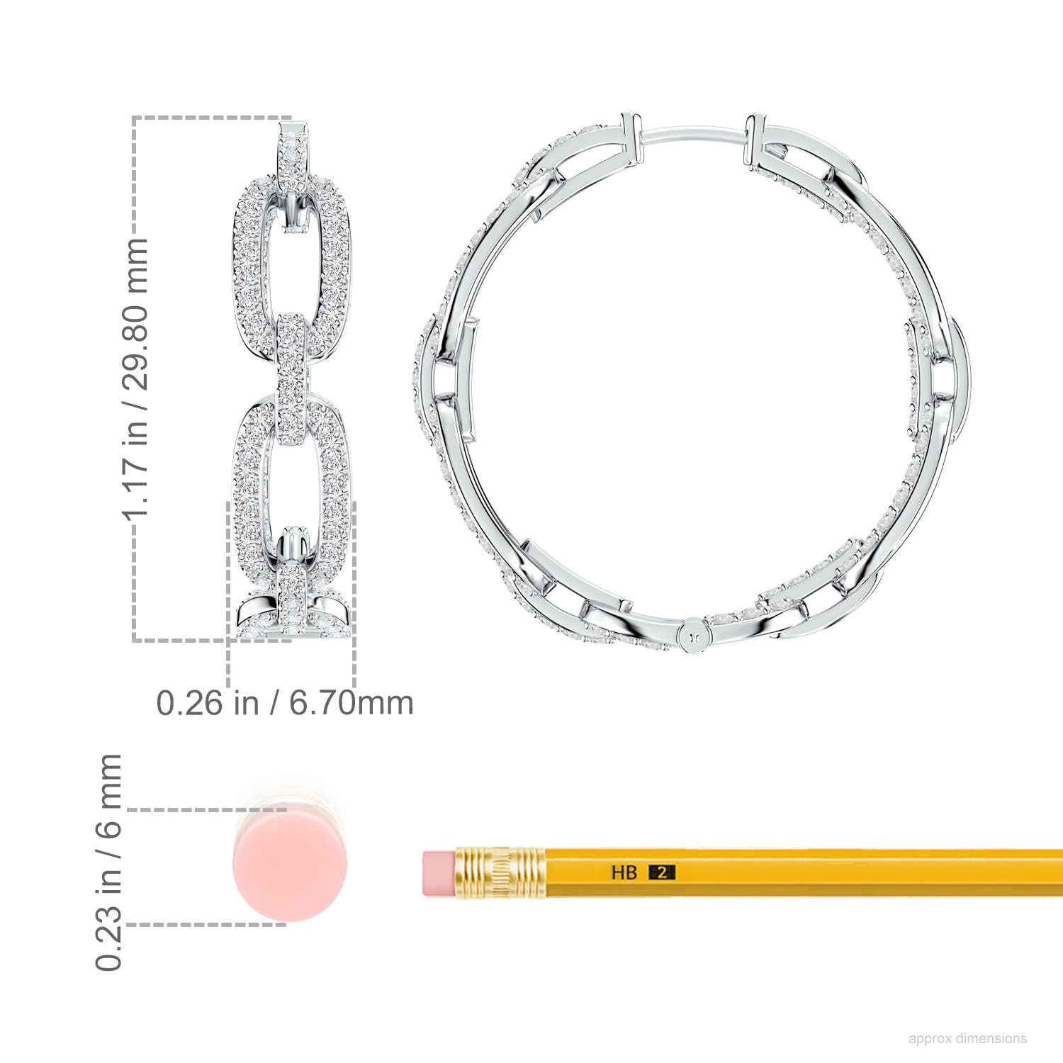 1.3mm HSI2 Chain Link Diamond Inside-Out Hoop Earrings in White Gold - ruler