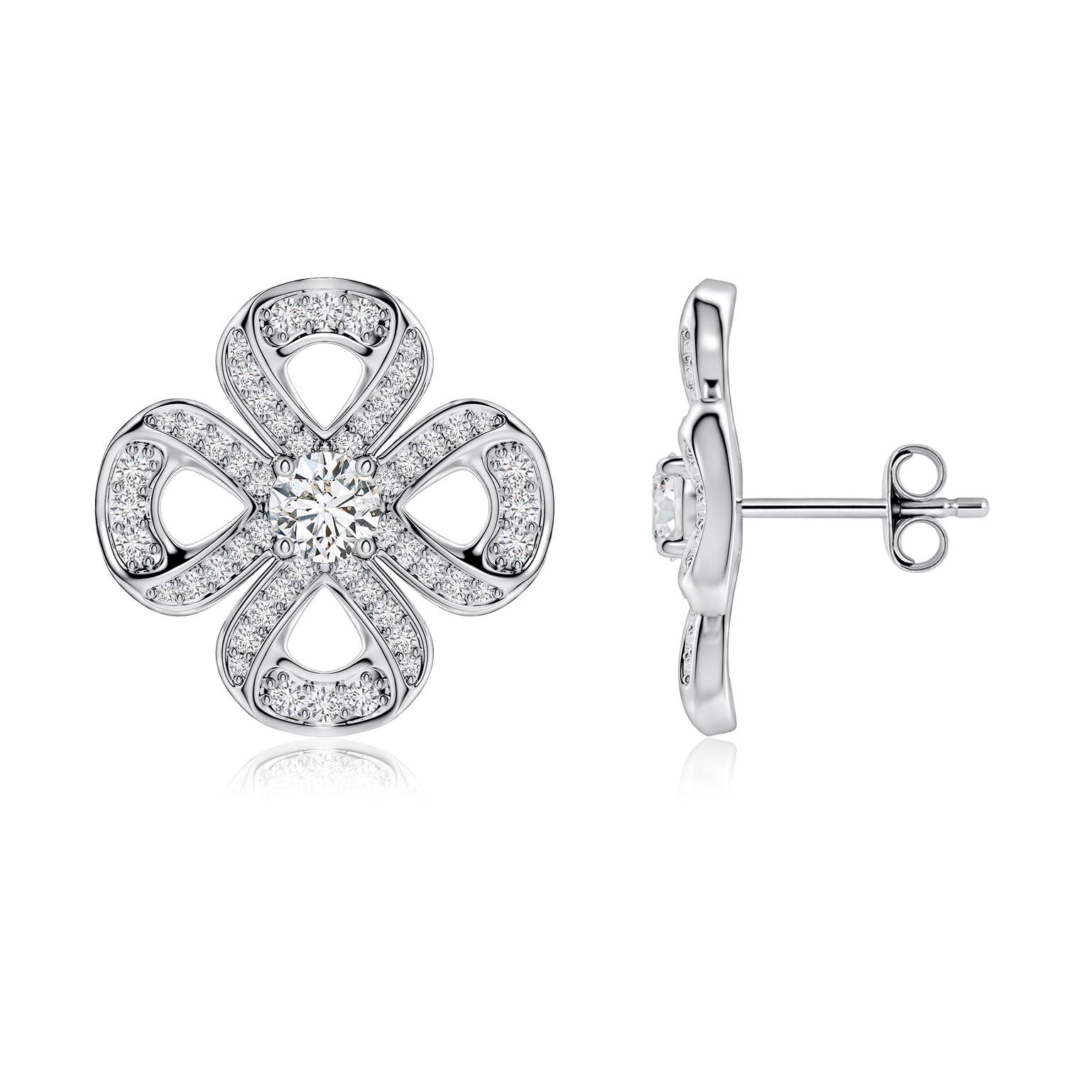 4.1mm HSI2 Round Diamond Four Leaf Clover Stud Earrings in 18K White Gold