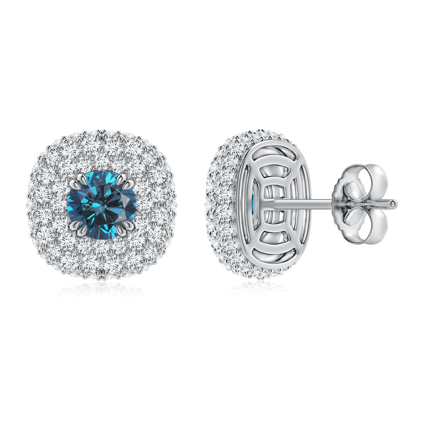 4.7mm AAA Enhanced Blue Diamond Cushion Halo Stud Earrings in White Gold - side 2