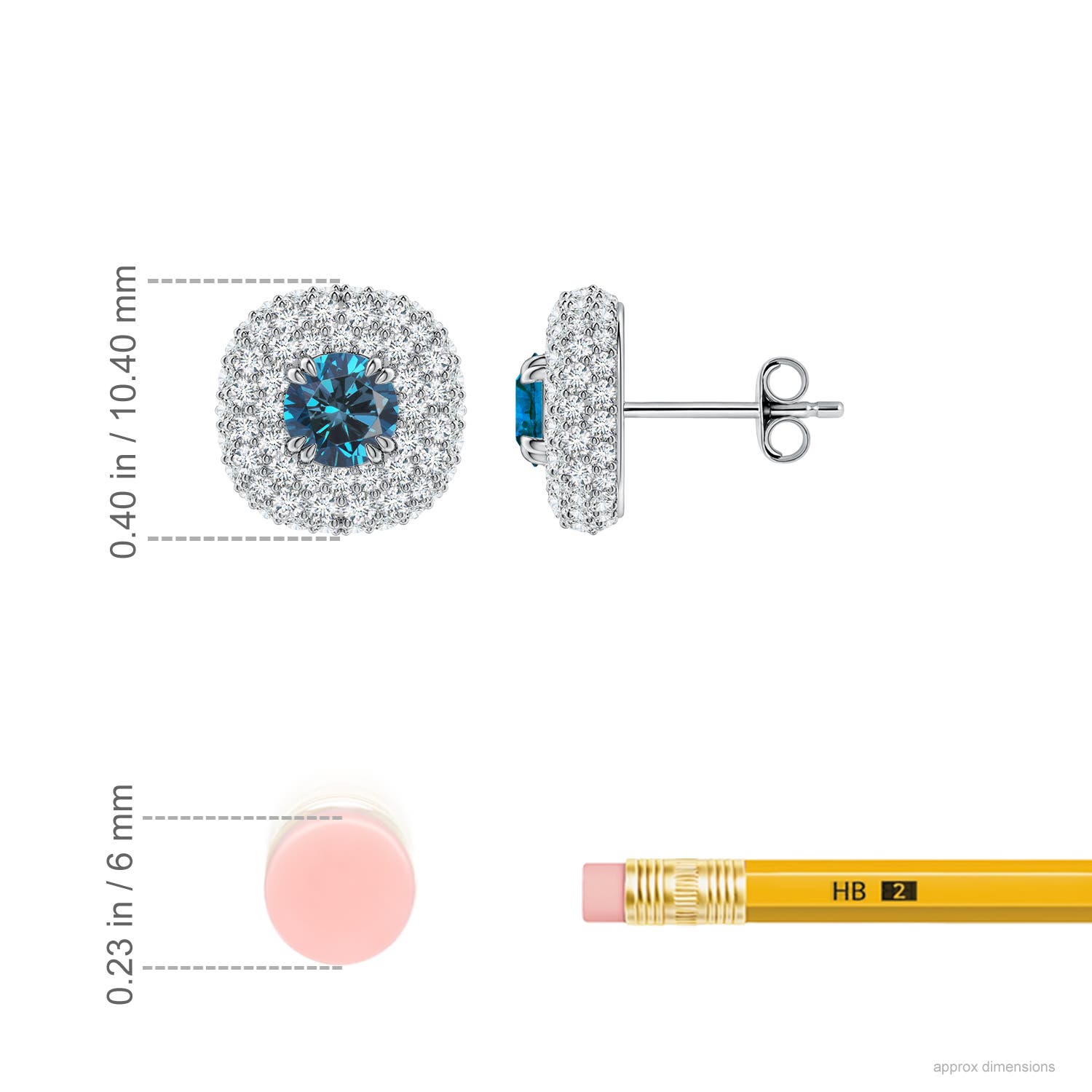 4.7mm AAA Enhanced Blue Diamond Cushion Halo Stud Earrings in White Gold - ruler