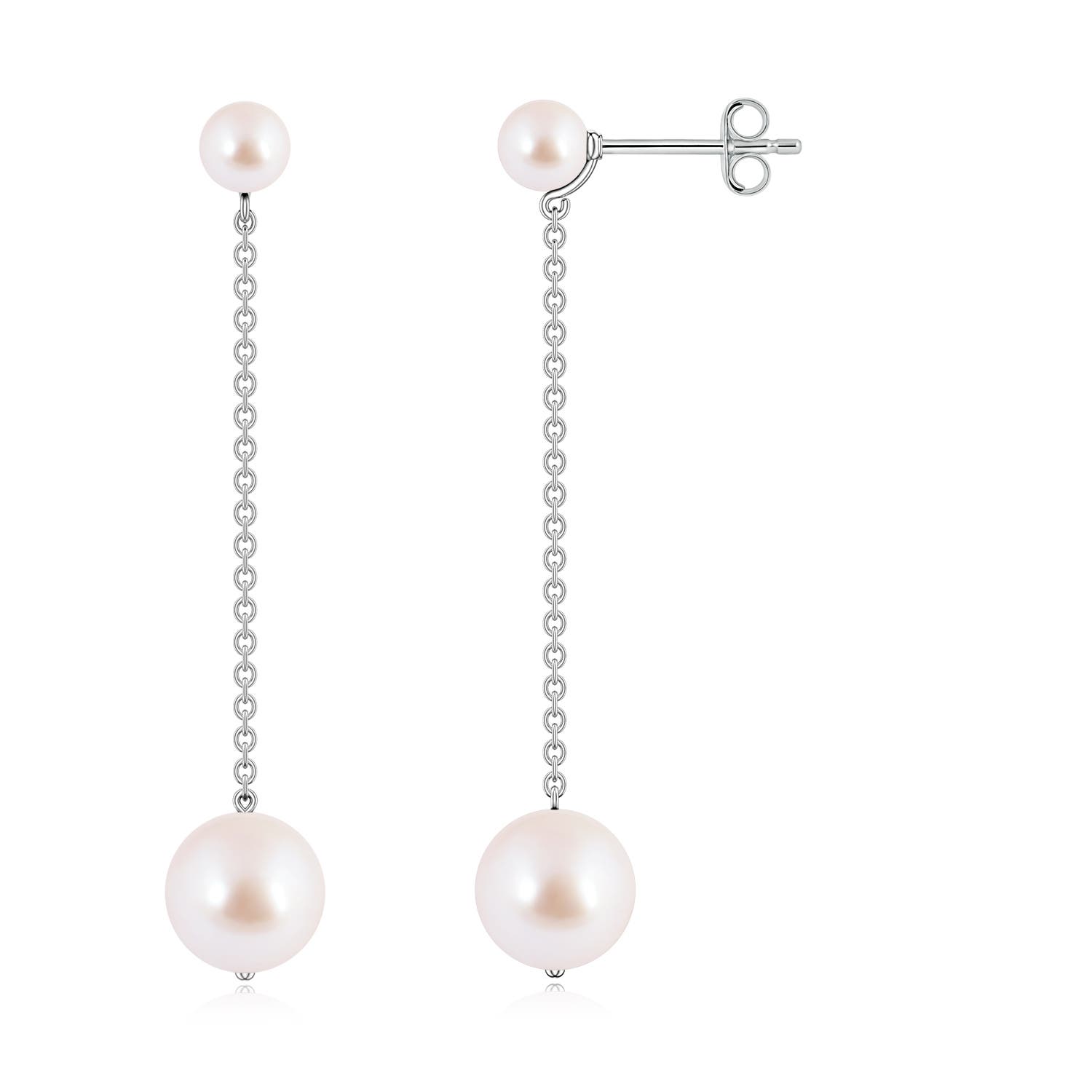 7mm AAA Double Akoya Pearl Dangle Earrings in White Gold