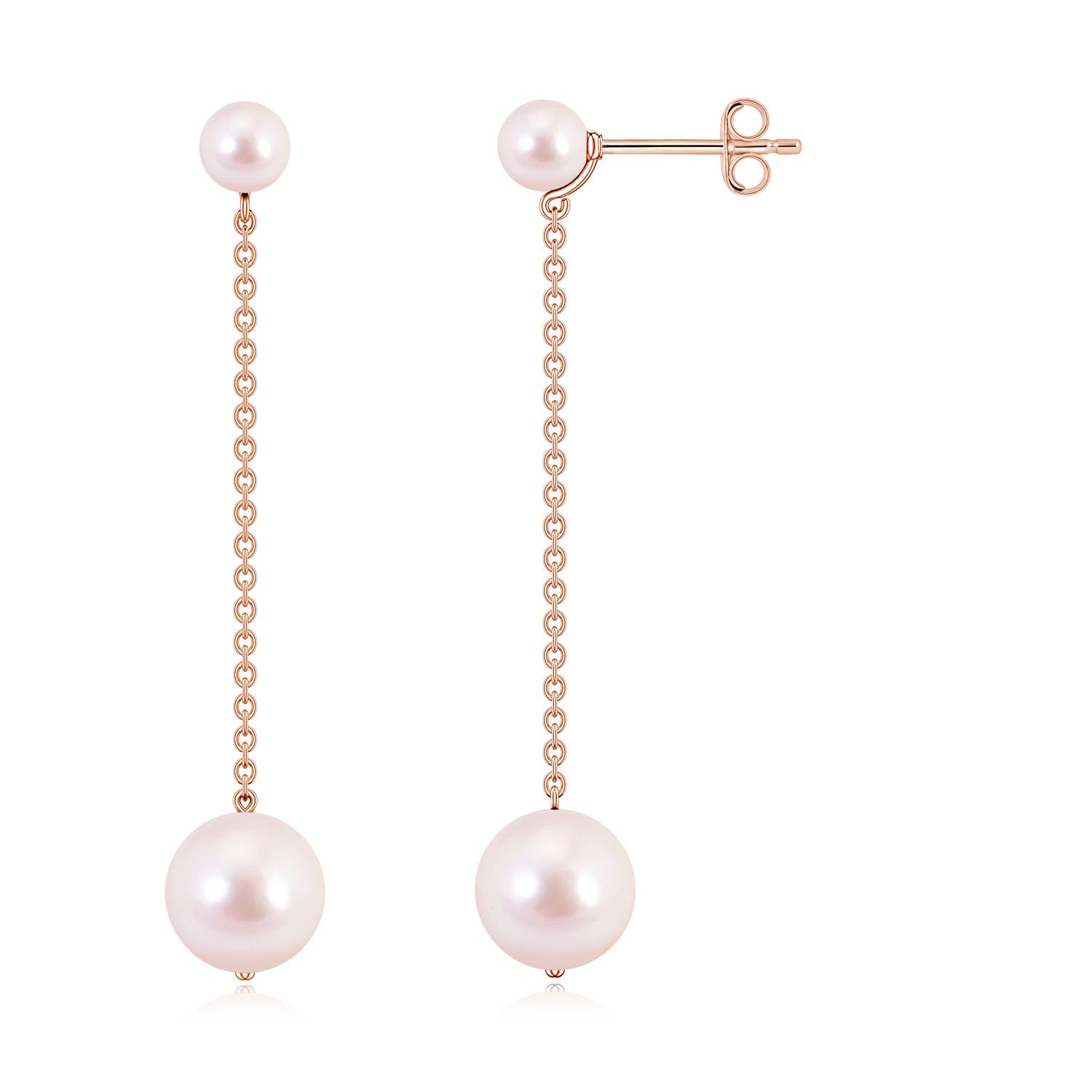 7mm AAAA Double Akoya Pearl Dangle Earrings in Rose Gold
