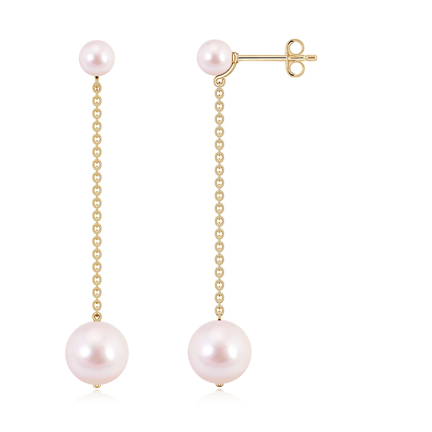 7mm AAAA Double Akoya Pearl Dangle Earrings in Yellow Gold