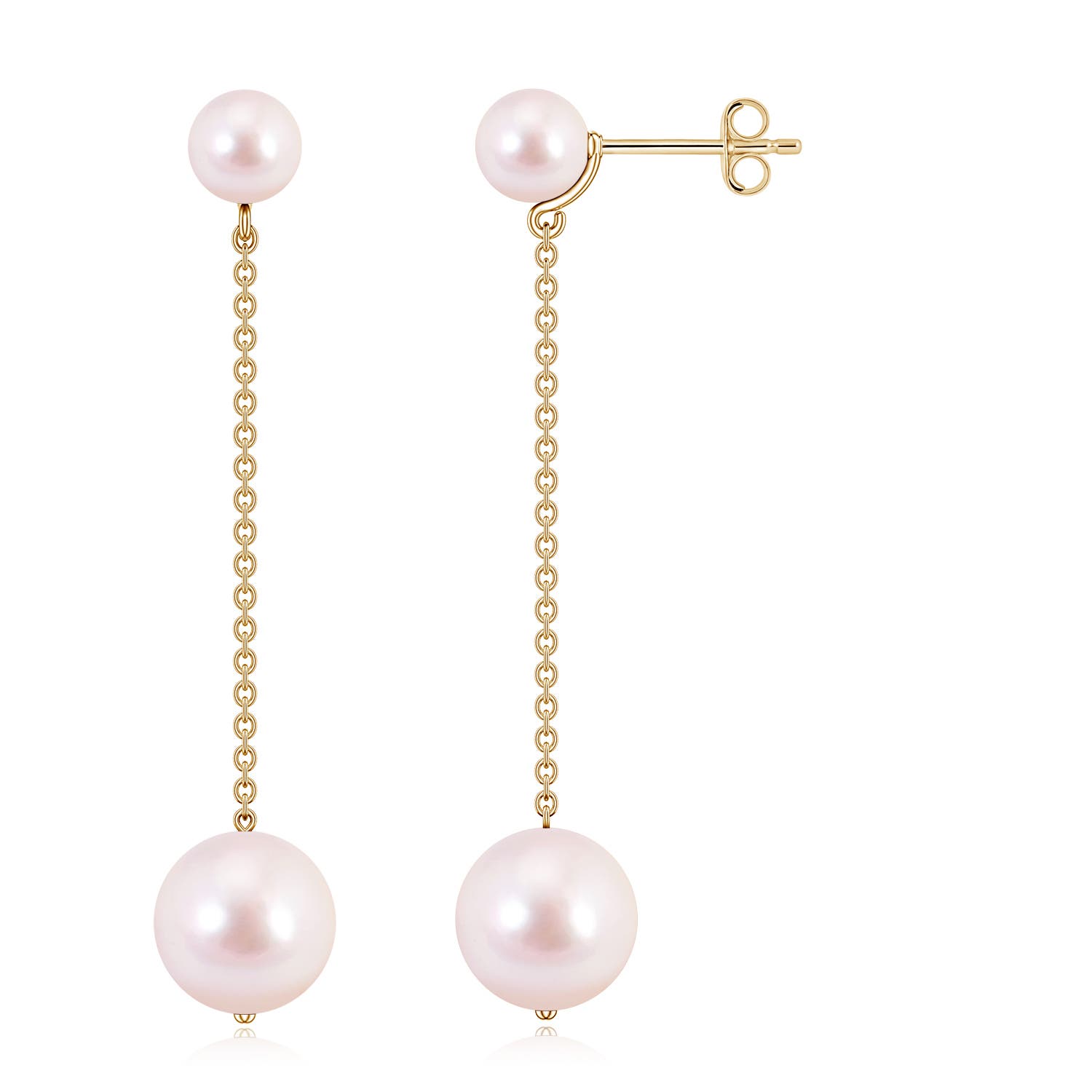 9mm AAAA Double Akoya Pearl Dangle Earrings in Yellow Gold