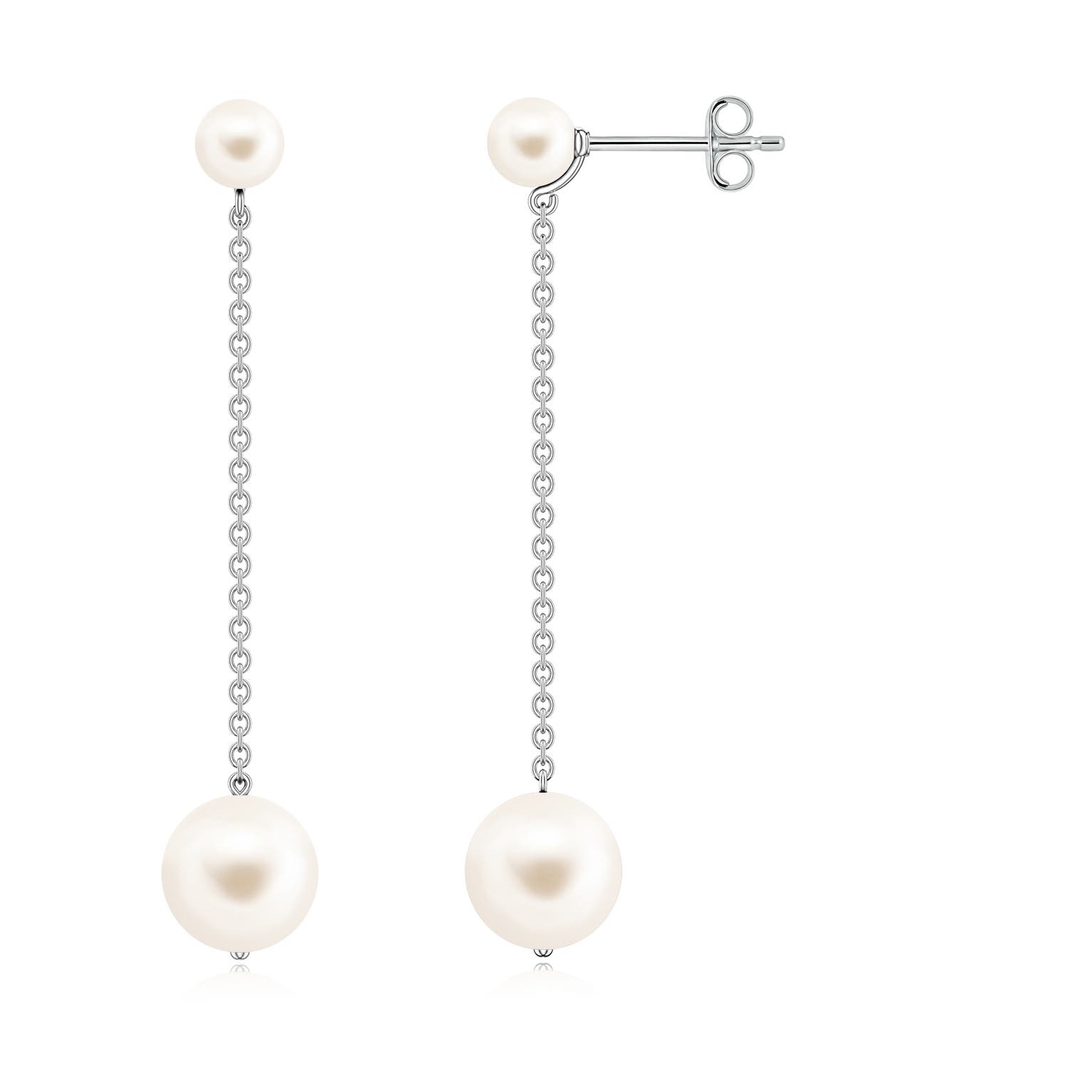7mm AAA Double Freshwater Pearl Dangle Earrings in White Gold
