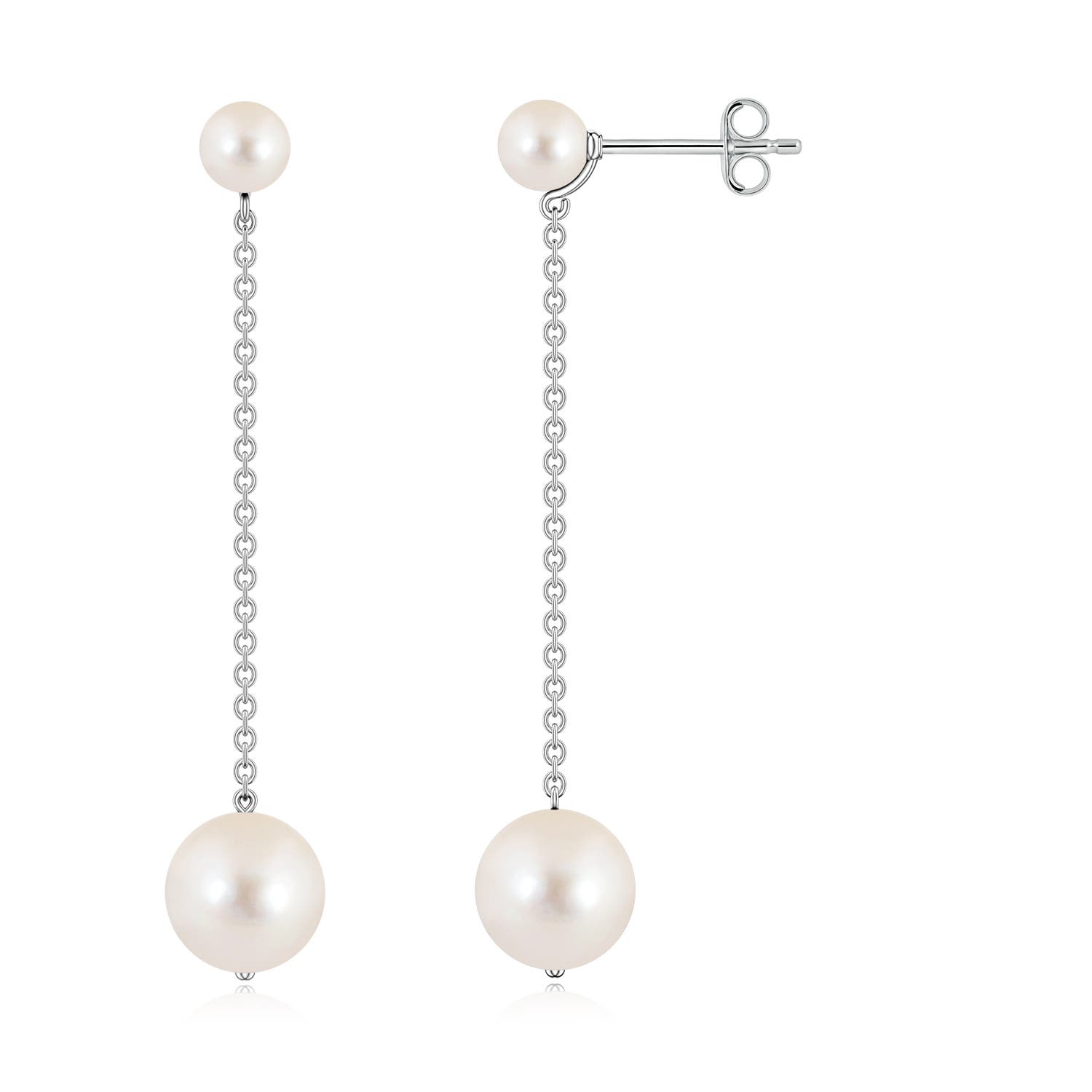 7mm AAAA Double Freshwater Pearl Dangle Earrings in 18K White Gold