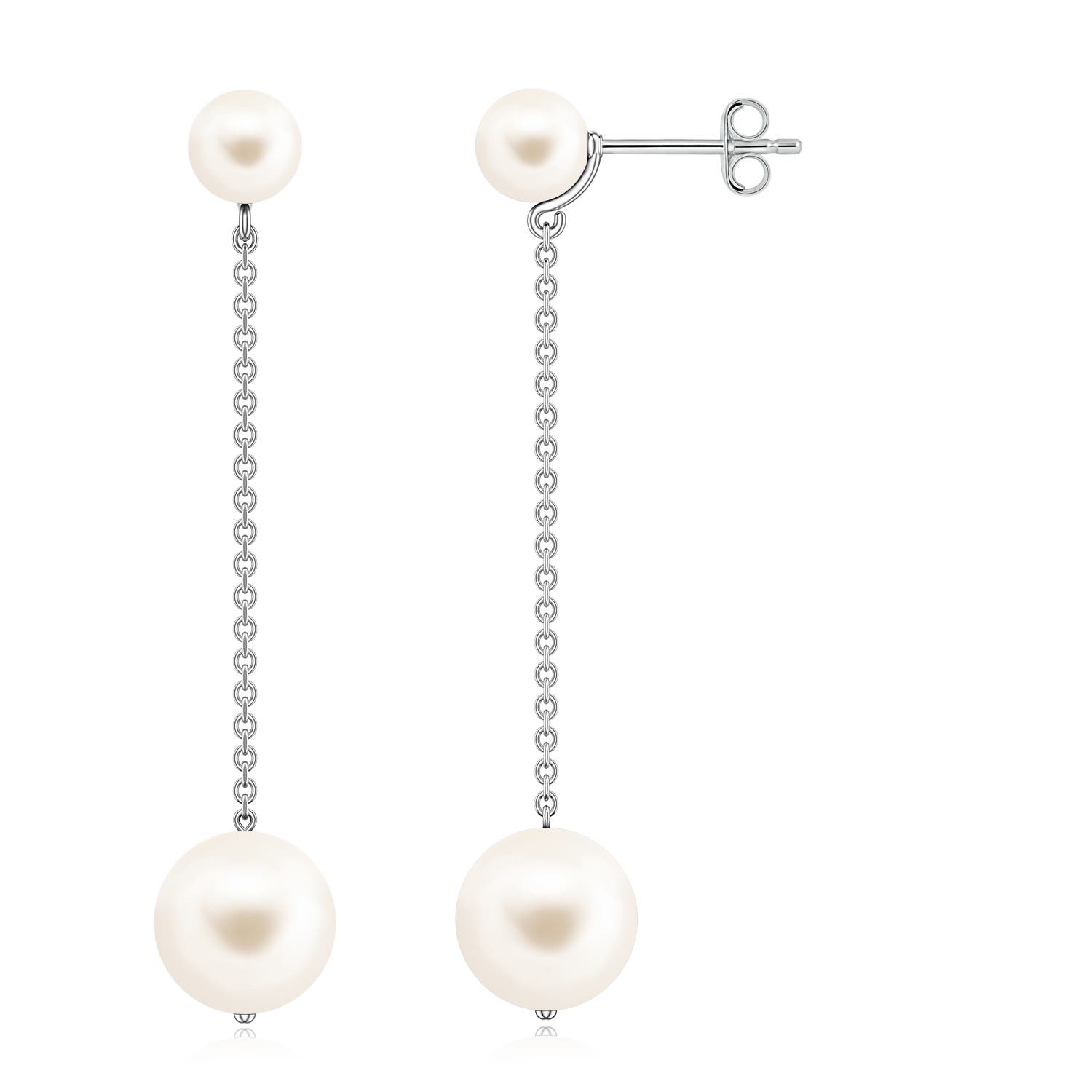 9mm AAA Double Freshwater Pearl Dangle Earrings in White Gold
