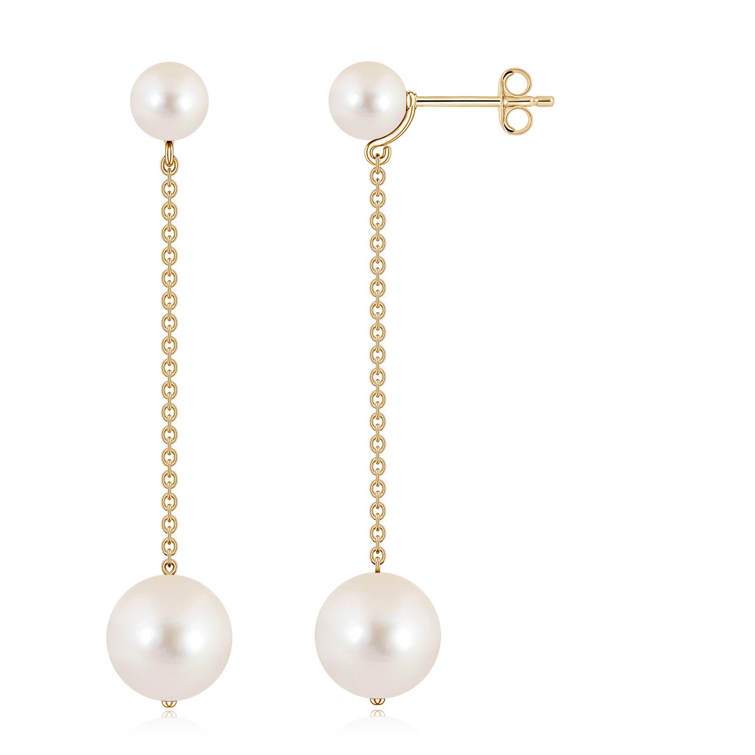 9mm AAAA Double Freshwater Pearl Dangle Earrings in 18K Yellow Gold