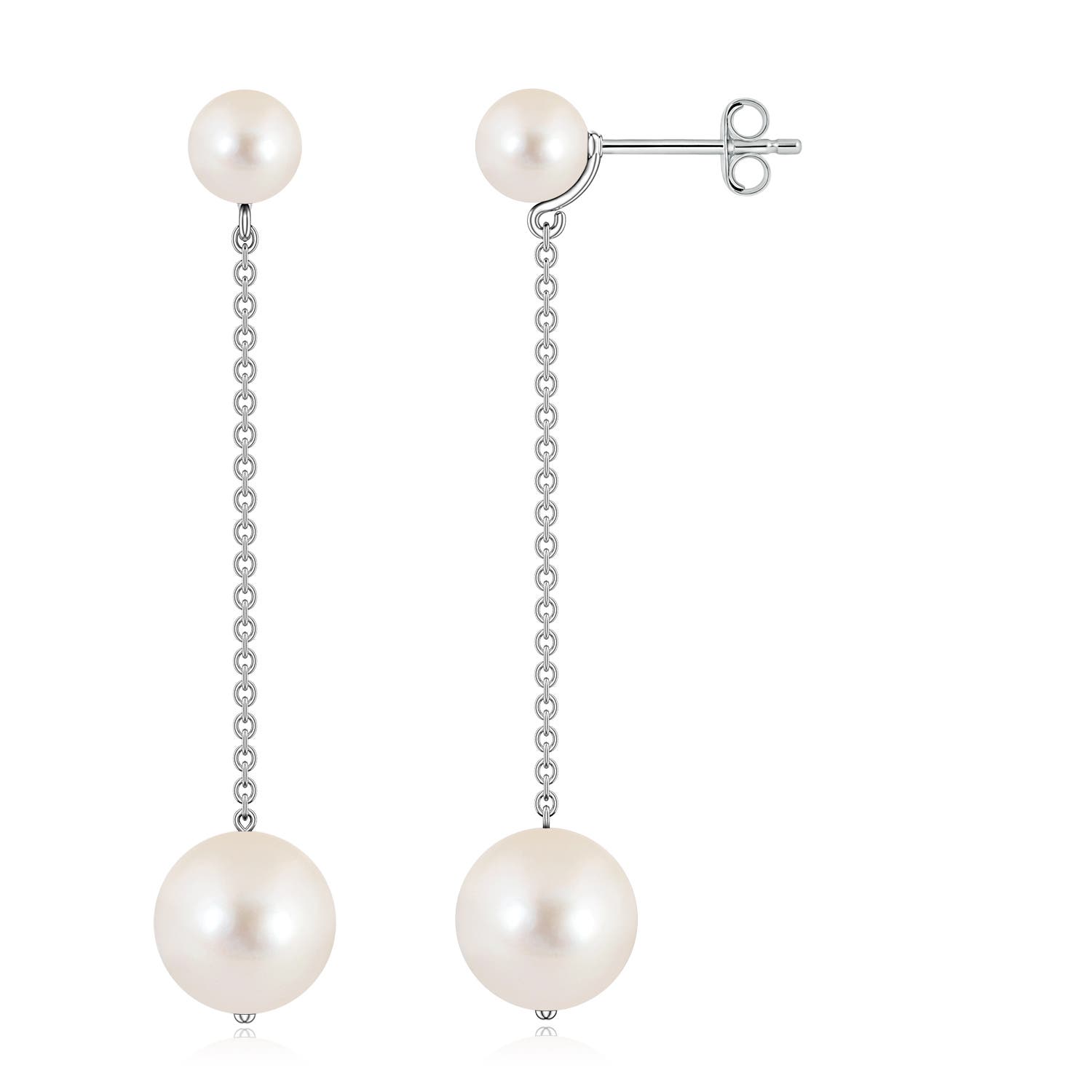 9mm AAAA Double Freshwater Pearl Dangle Earrings in White Gold