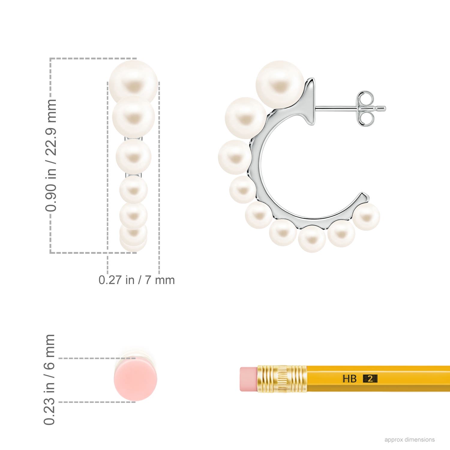 7mm AAA Graduated Freshwater Pearl Hoop Earrings in White Gold - ruler