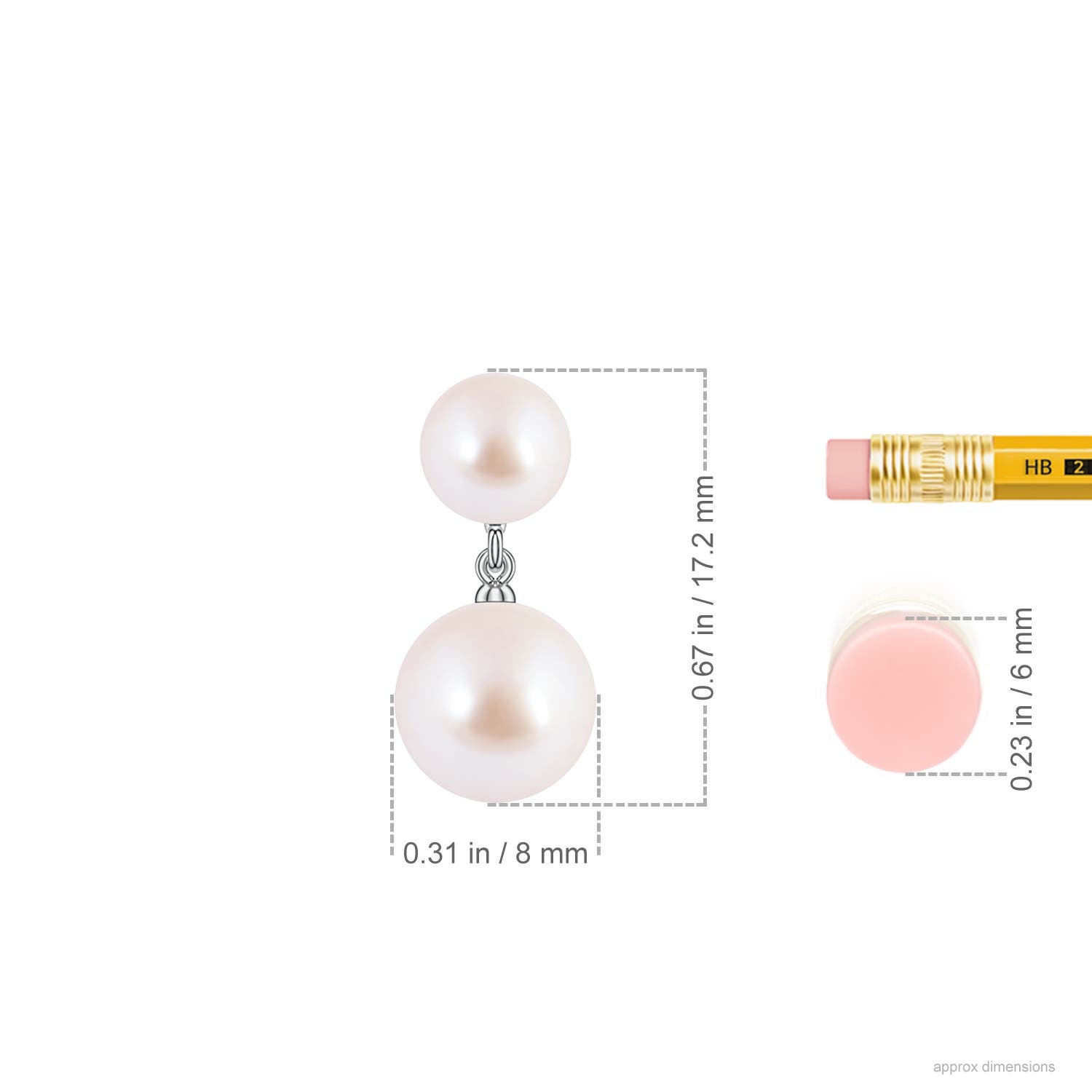 8mm AAA Double Akoya Pearl Drop Earrings in White Gold - ruler