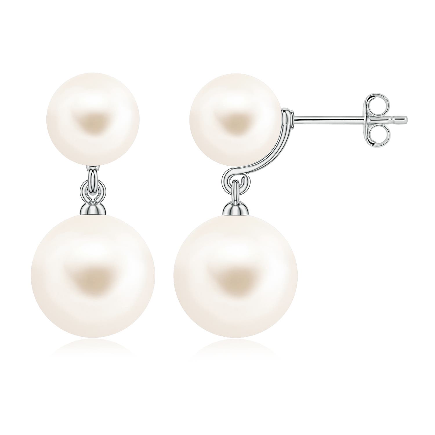 10mm AAA Double Freshwater Pearl Drop Earrings in White Gold
