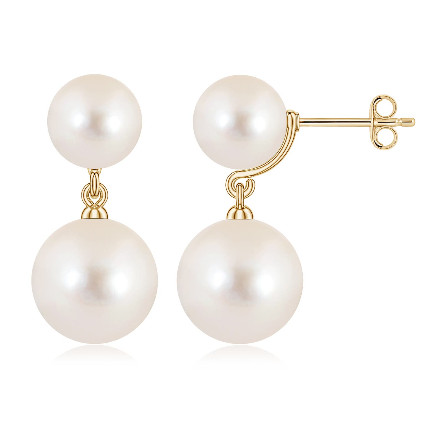 10mm AAAA Double Freshwater Pearl Drop Earrings in Yellow Gold
