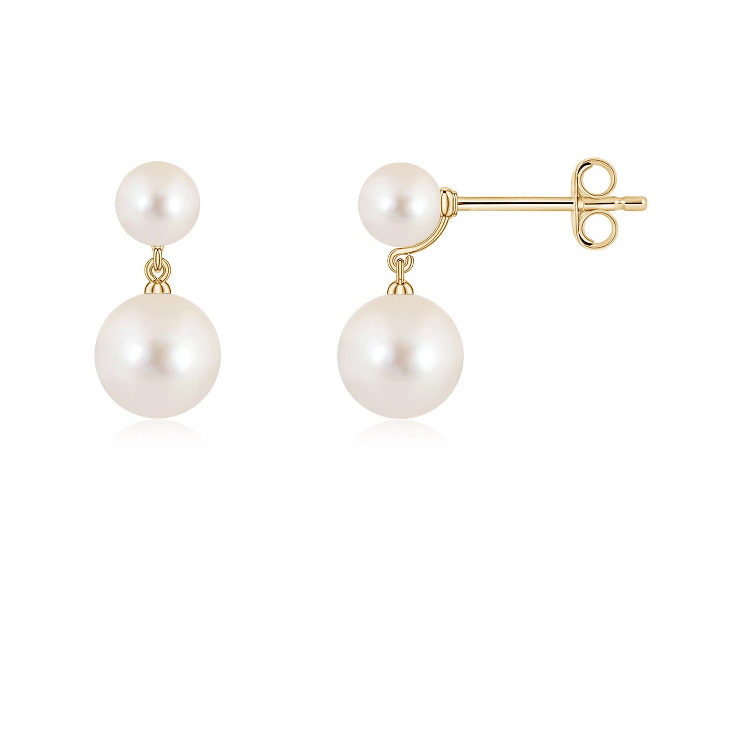 6mm AAAA Double Freshwater Pearl Drop Earrings in Yellow Gold