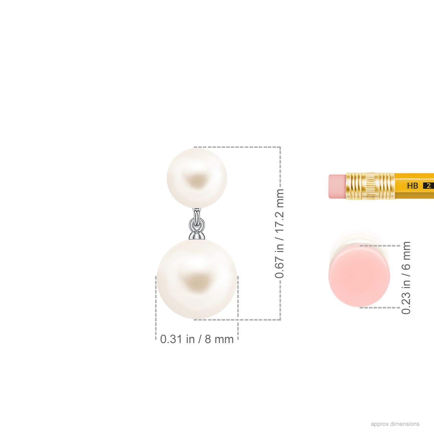 8mm AAA Double Freshwater Pearl Drop Earrings in White Gold - ruler
