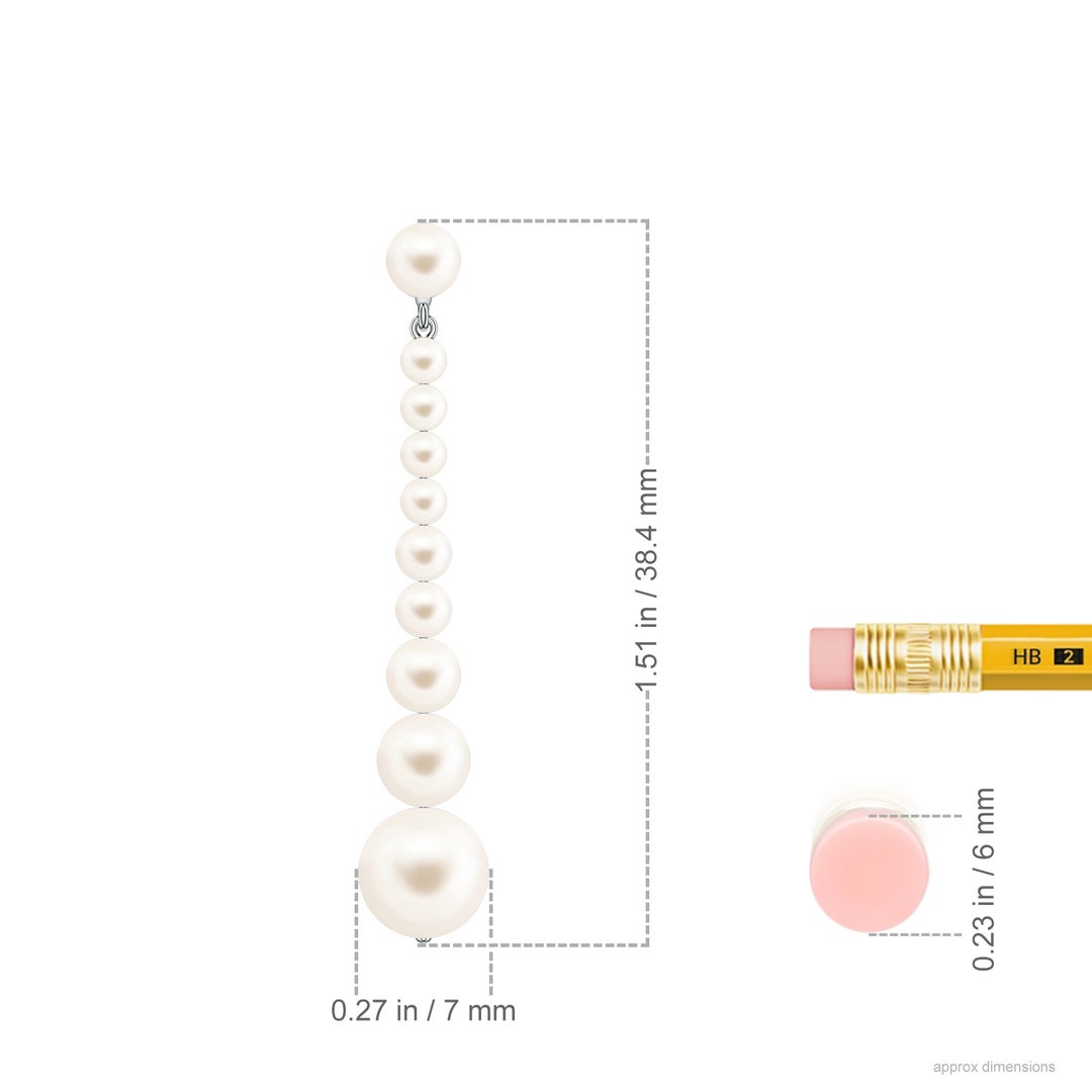 7mm AAA Graduated Freshwater Pearl Long Dangle Earrings in White Gold - ruler