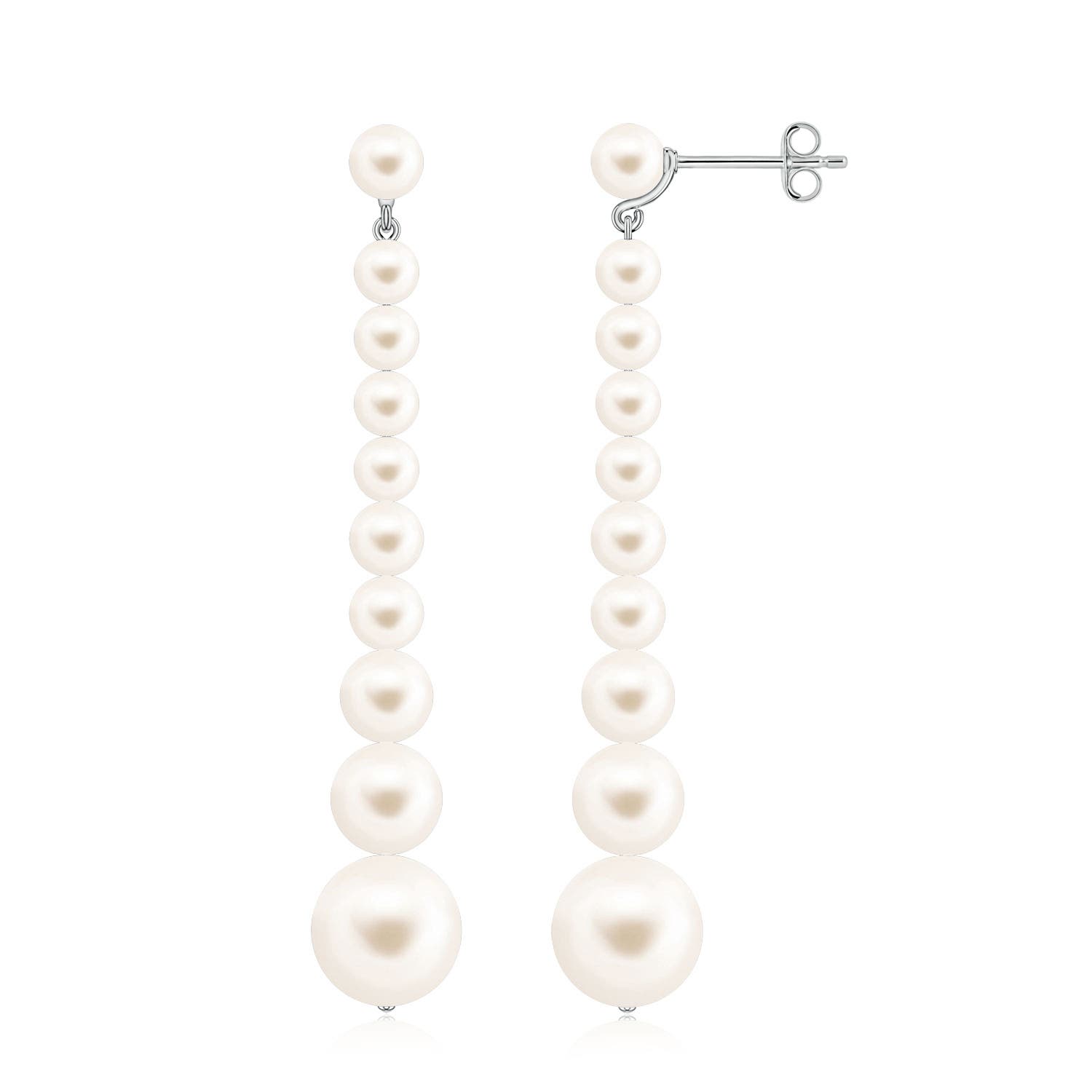 8mm AAA Graduated Freshwater Pearl Long Dangle Earrings in White Gold