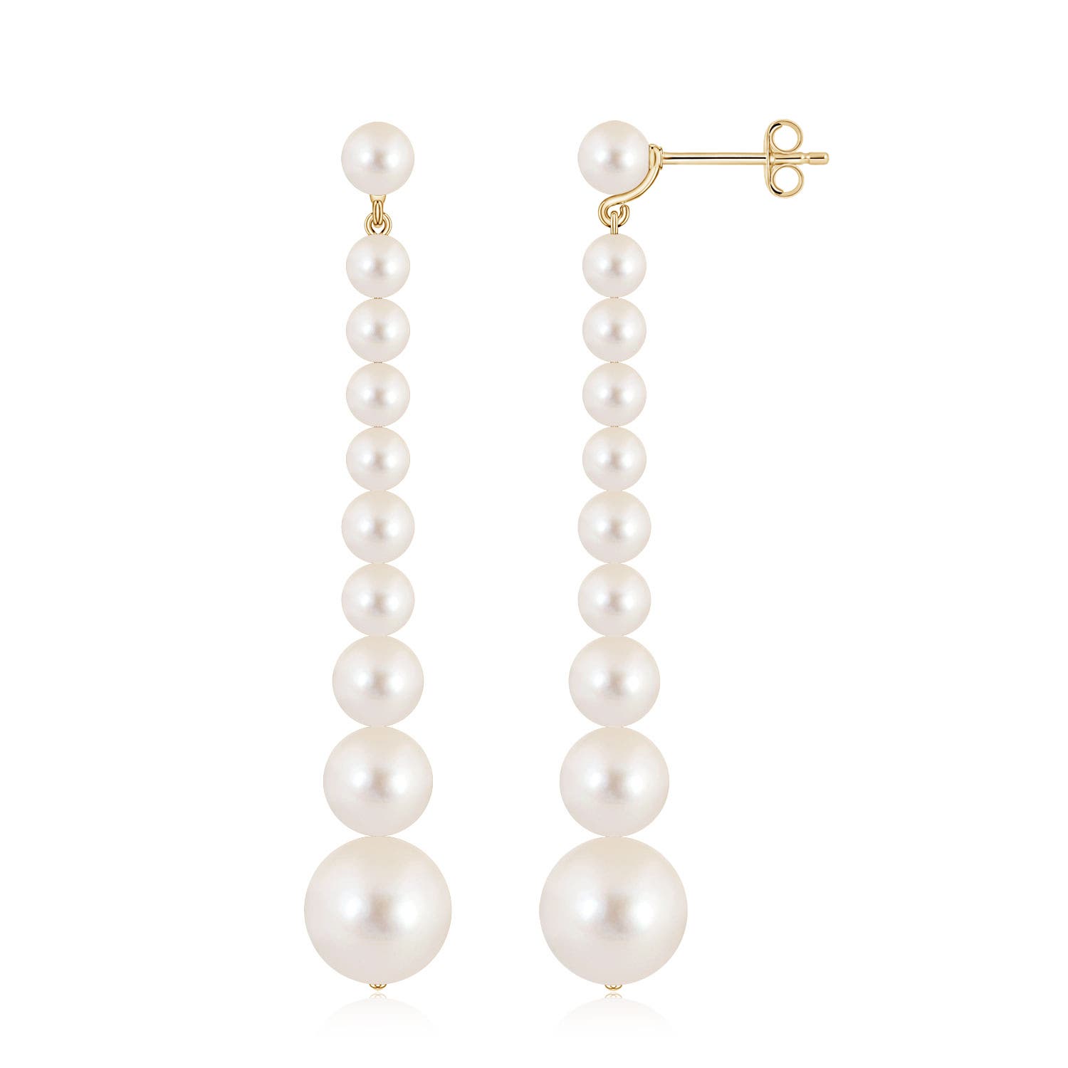 8mm AAAA Graduated Freshwater Pearl Long Dangle Earrings in Yellow Gold