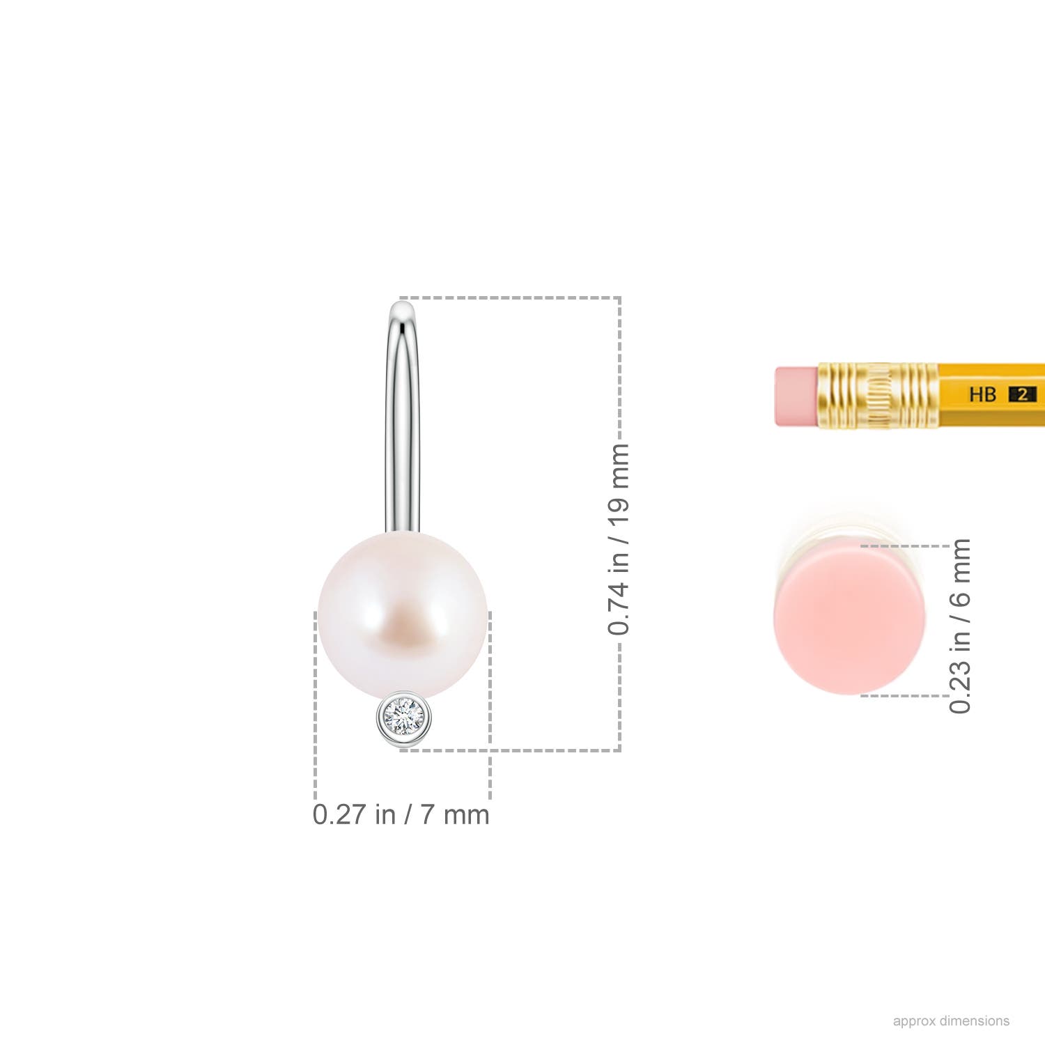 7mm AAA Akoya Pearl Ear Wire Earrings in White Gold - ruler