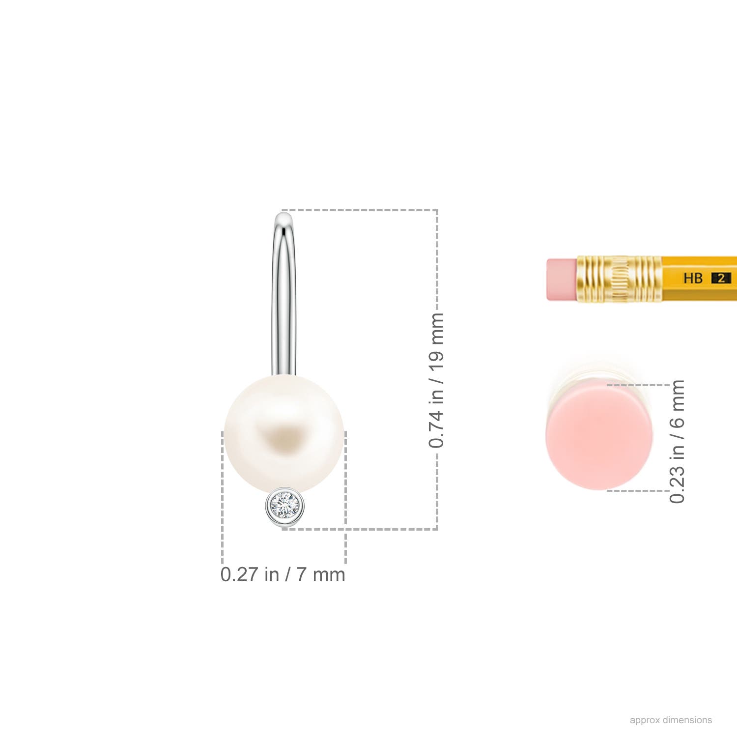 7mm AAA Freshwater Pearl Ear Wire Earrings in White Gold - ruler