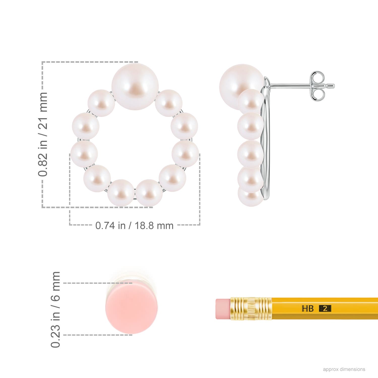 7mm AAA Akoya Pearl Open Circle Stud Earrings in White Gold - ruler