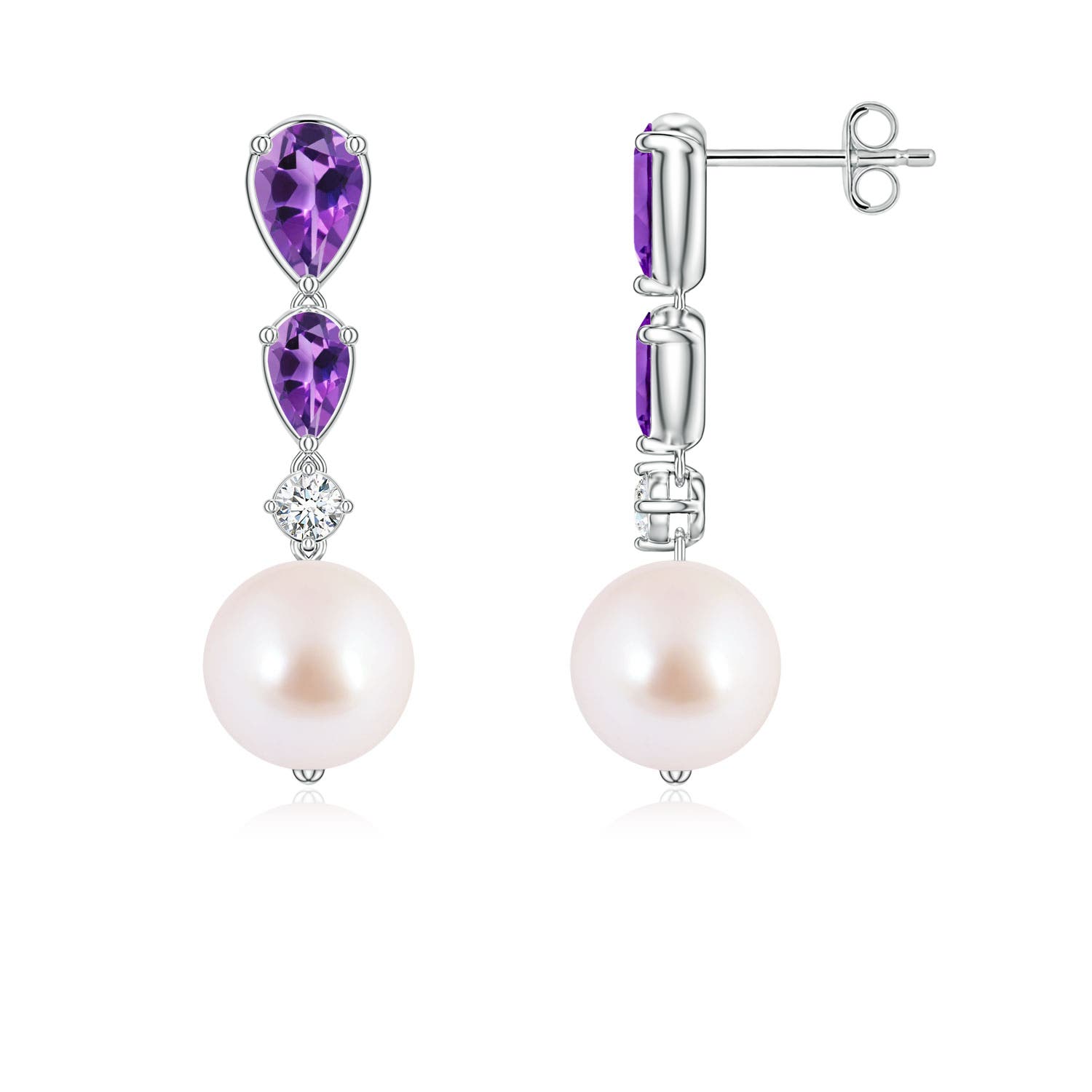 8mm AAA Akoya Pearl and Graduated Pear Amethyst Drop Earrings in 18K White Gold