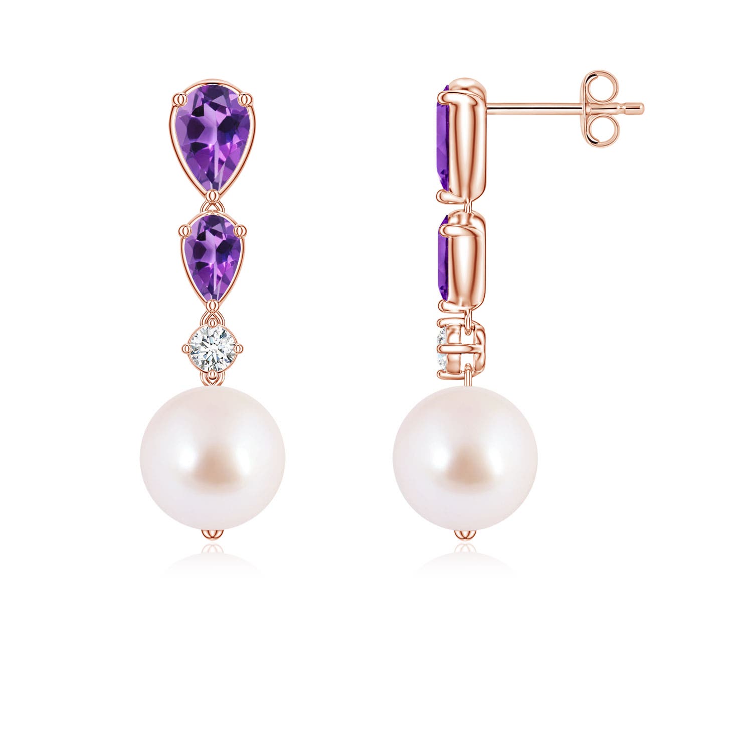 8mm AAA Akoya Pearl and Graduated Pear Amethyst Drop Earrings in Rose Gold