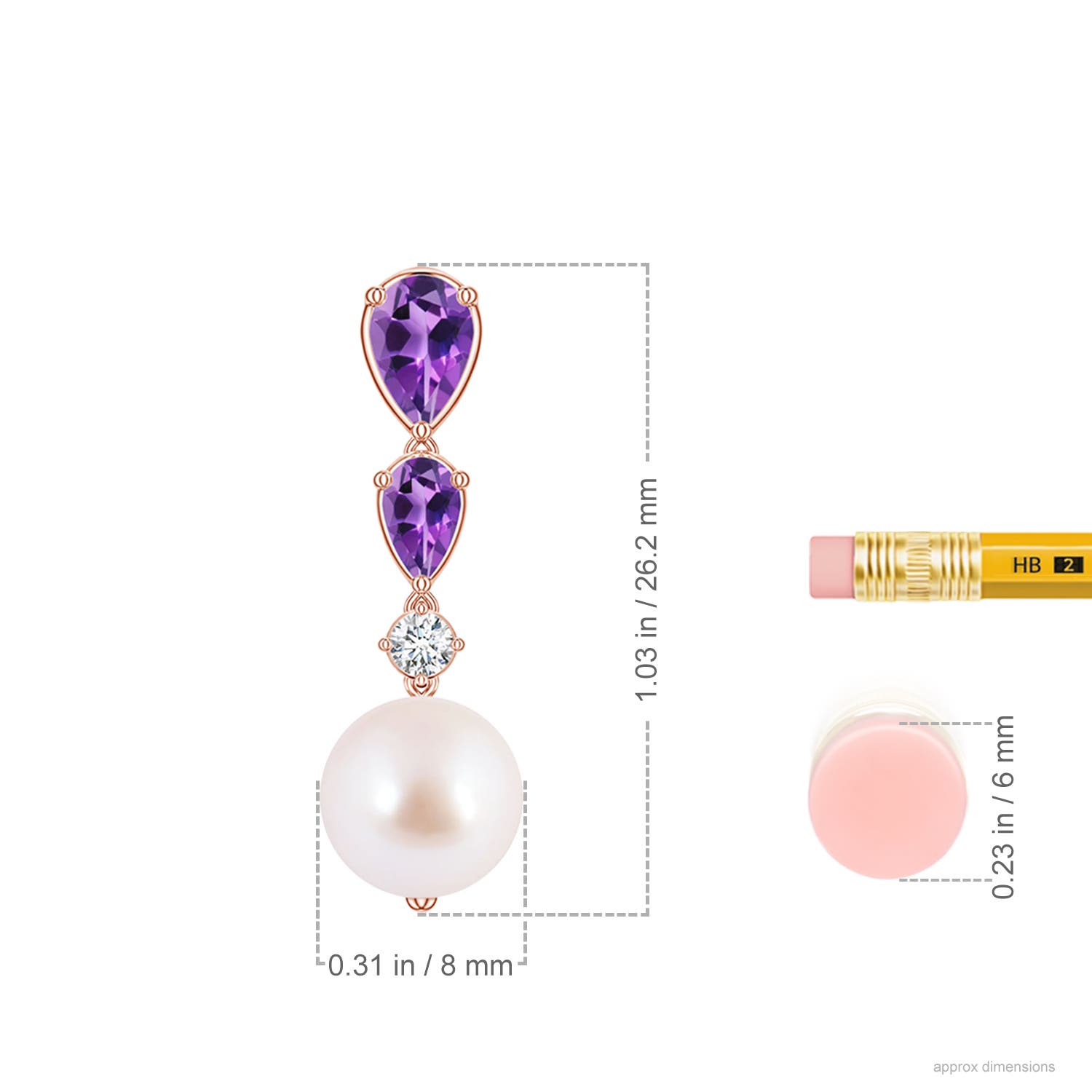 8mm AAA Akoya Pearl and Graduated Pear Amethyst Drop Earrings in Rose Gold - ruler