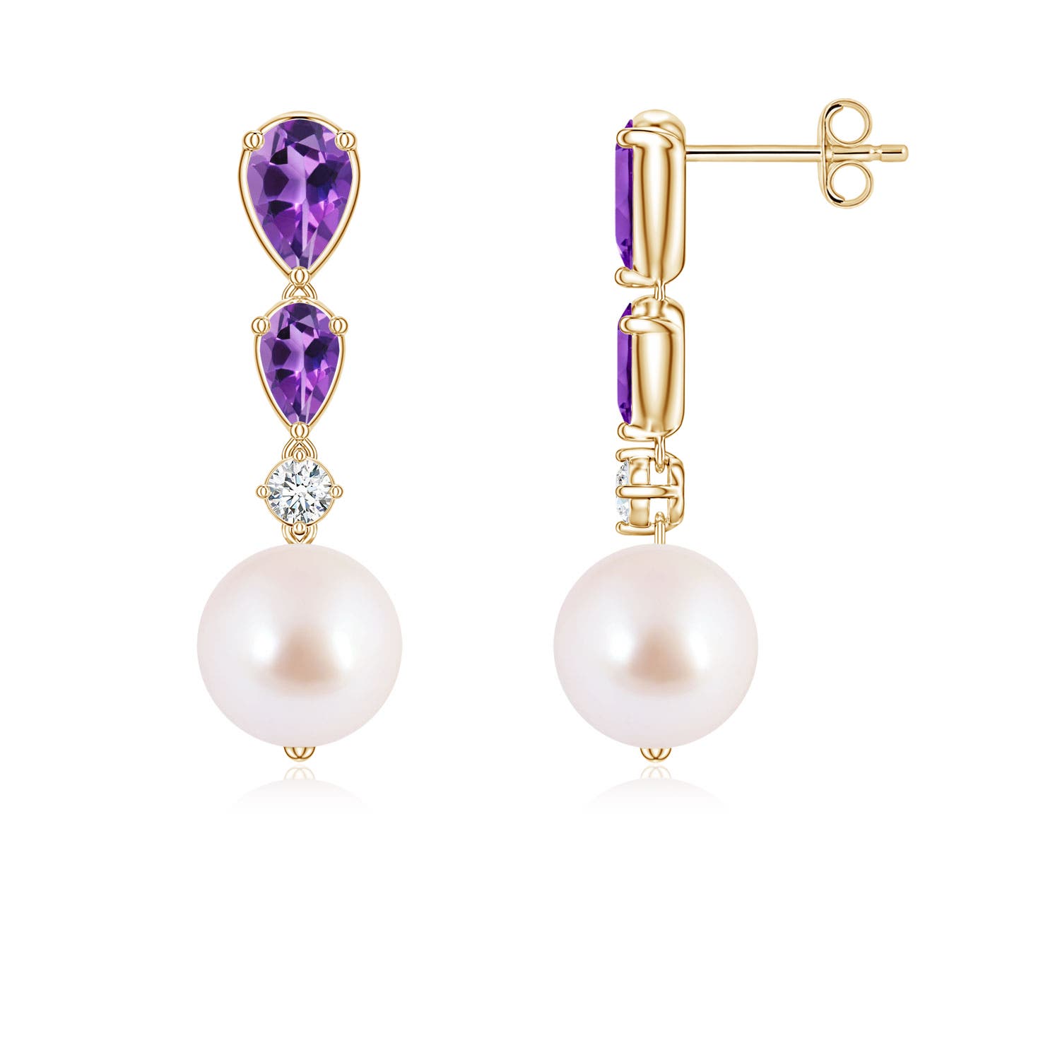 8mm AAA Akoya Pearl and Graduated Pear Amethyst Drop Earrings in Yellow Gold