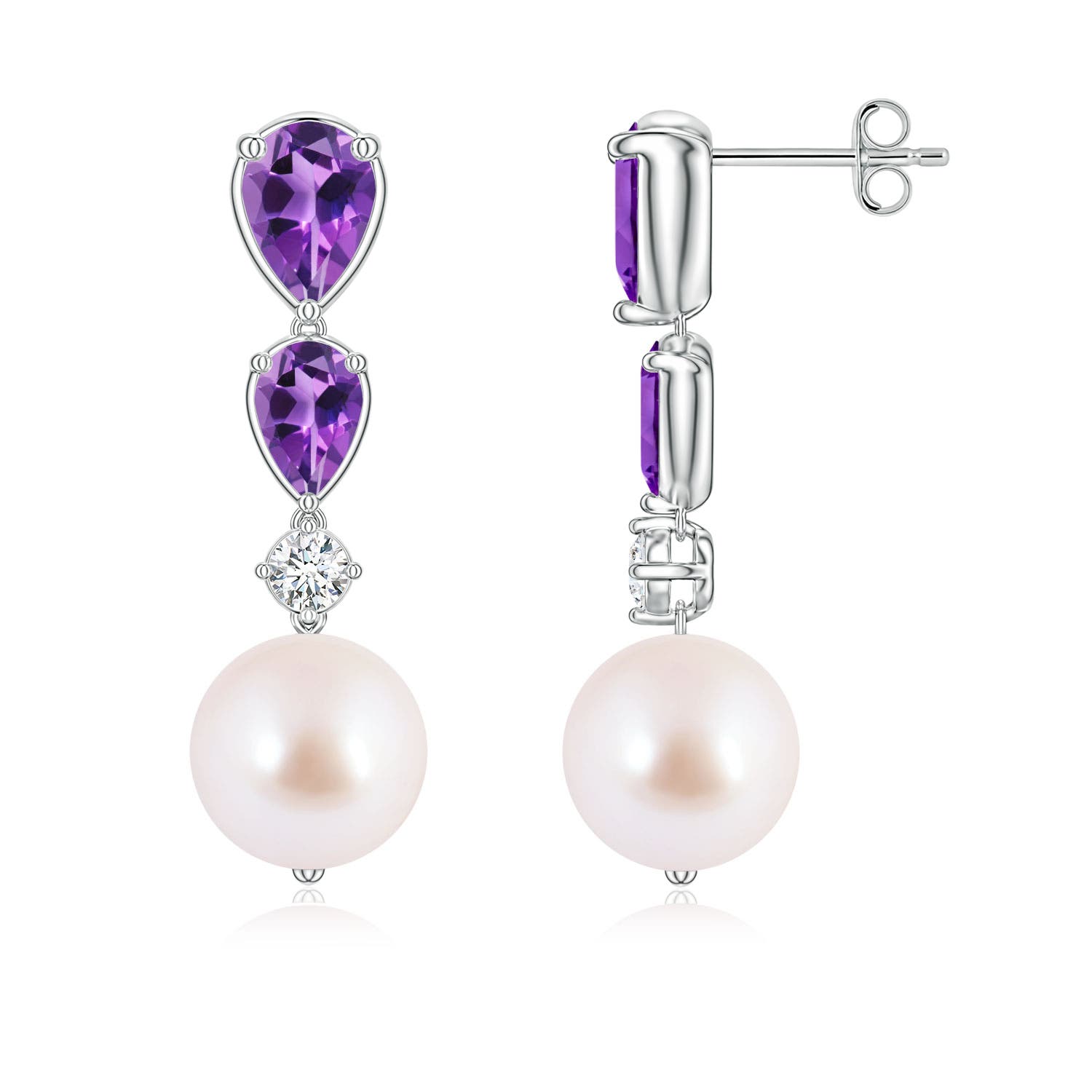 9mm AAA Akoya Pearl and Graduated Pear Amethyst Drop Earrings in White Gold