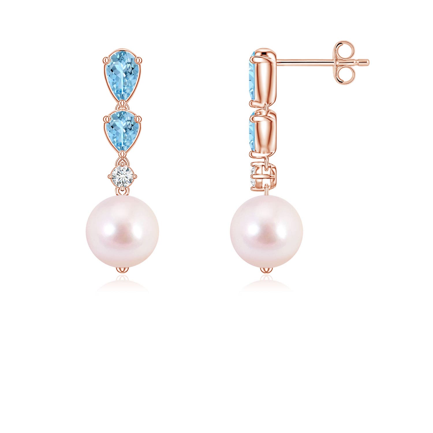 7mm AAAA Akoya Pearl and Graduated Pear Aquamarine Drop Earrings in Rose Gold